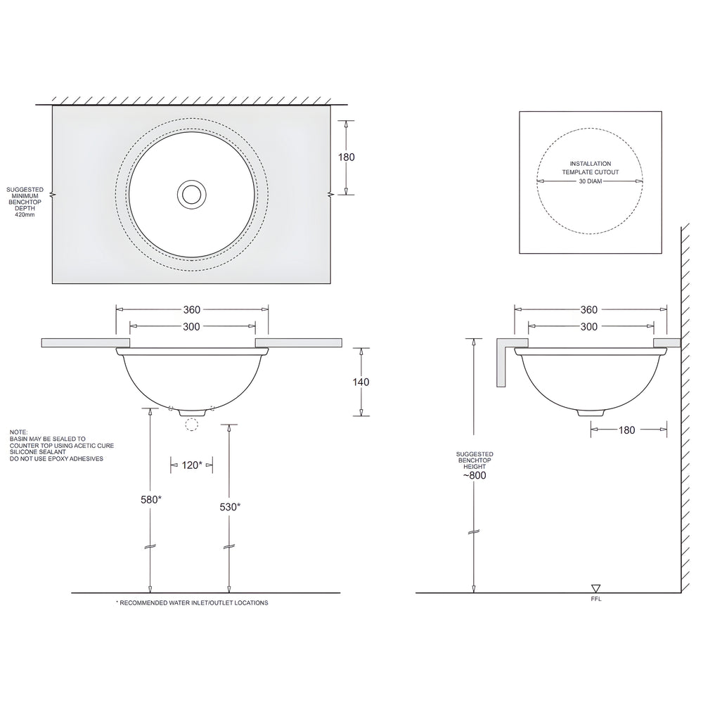 JOHNSON SUISSE EMILIA ROUND COMPACT VANITY UNDER COUNTER BASINS WHITE 360MM