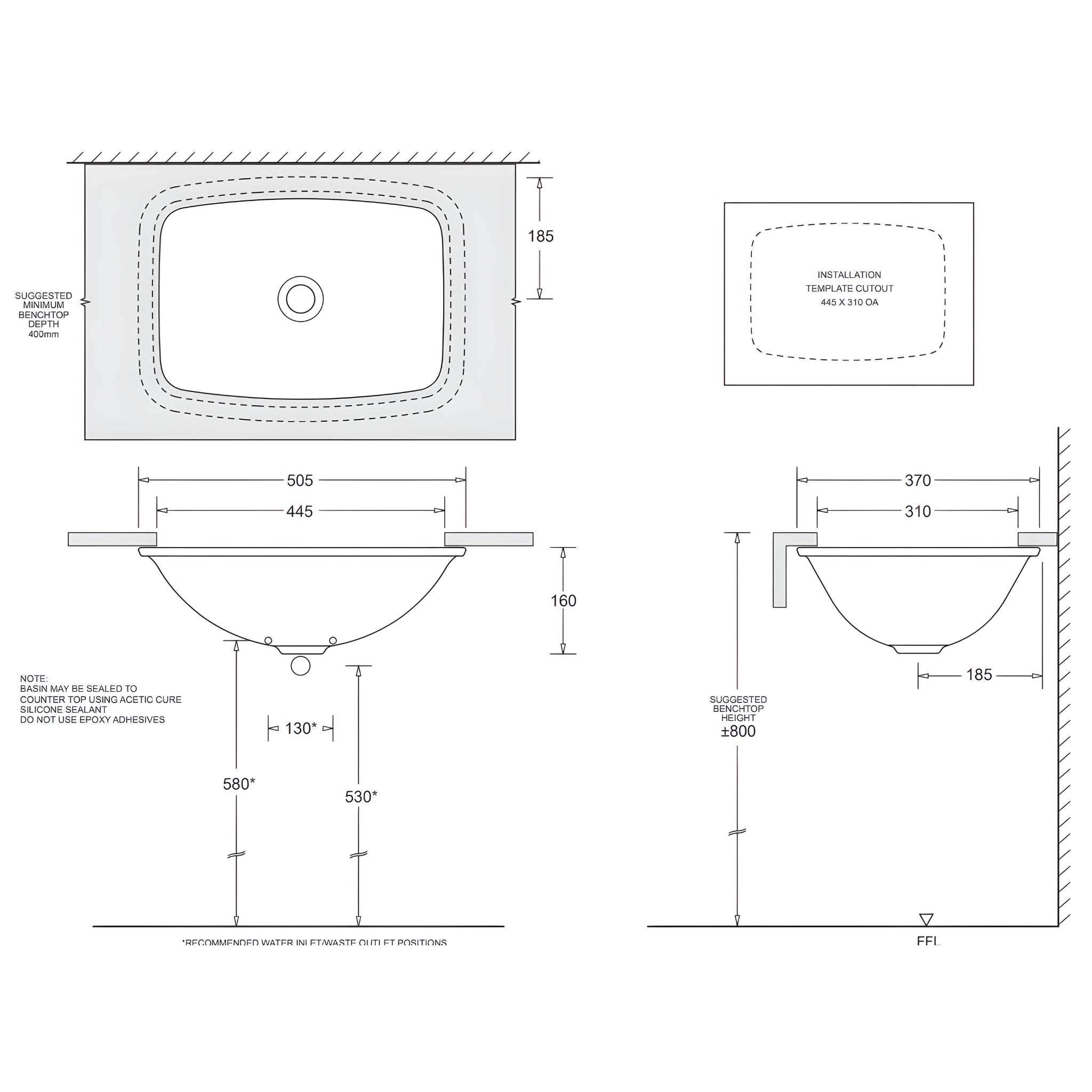 JOHNSON SUISSE EMILIA RECTANGULAR VANITY UNDER COUNTER BASINS WHITE 505MM