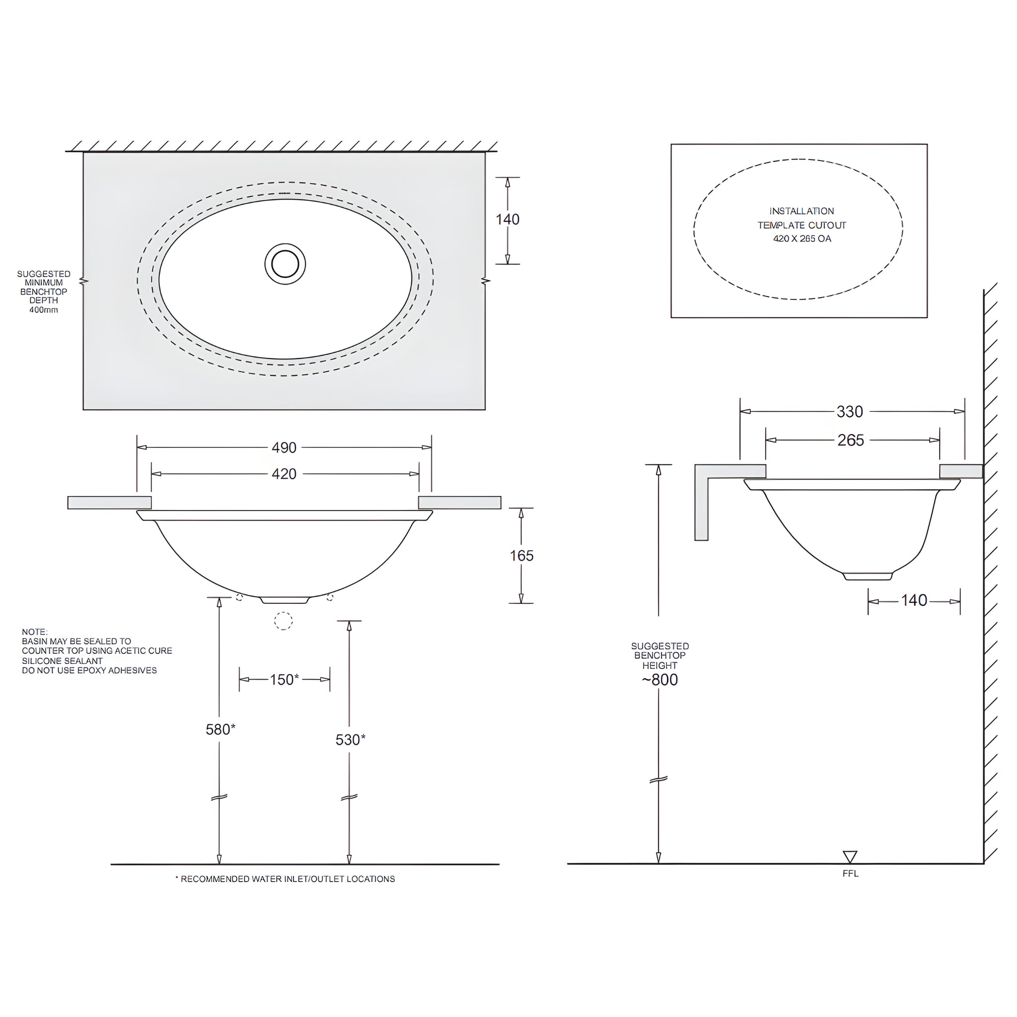 JOHNSON SUISSE EMILIA LARGE OVAL VANITY UNDERCOUNTER BASIN WHITE 490MM