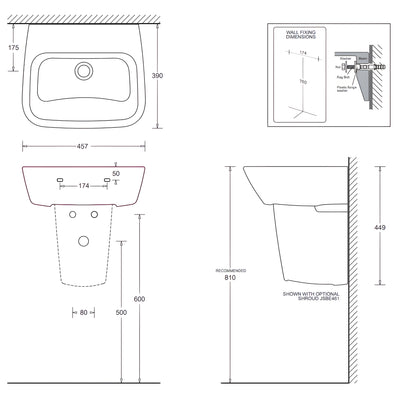 JOHNSON SUISSE EMILIA MK II WALL HUNG BASINS WHITE 457MM