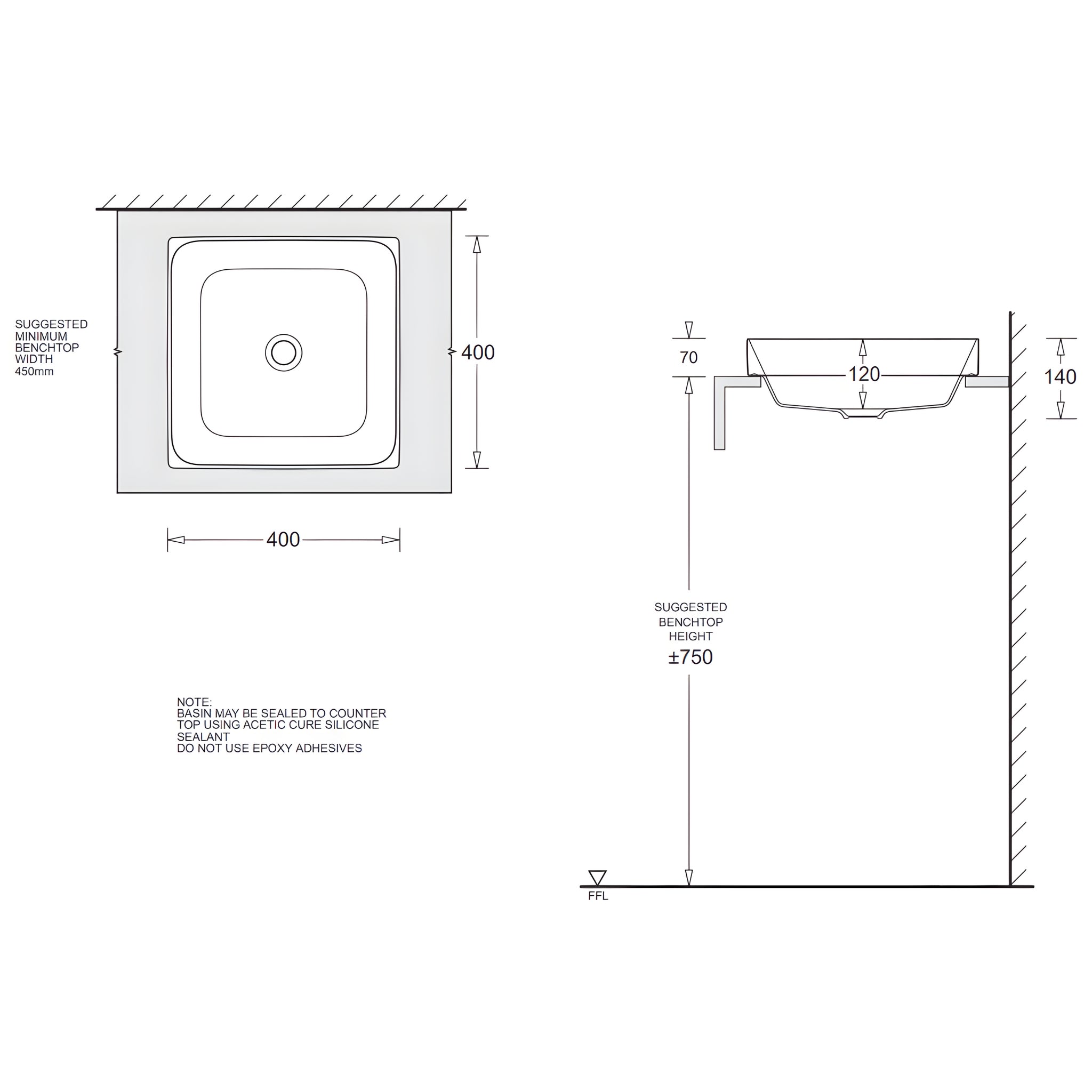 JOHNSON SUISSE GEMELLI SQUARE SEMI-INSET COUNTERTOP BASIN WHITE 400MM