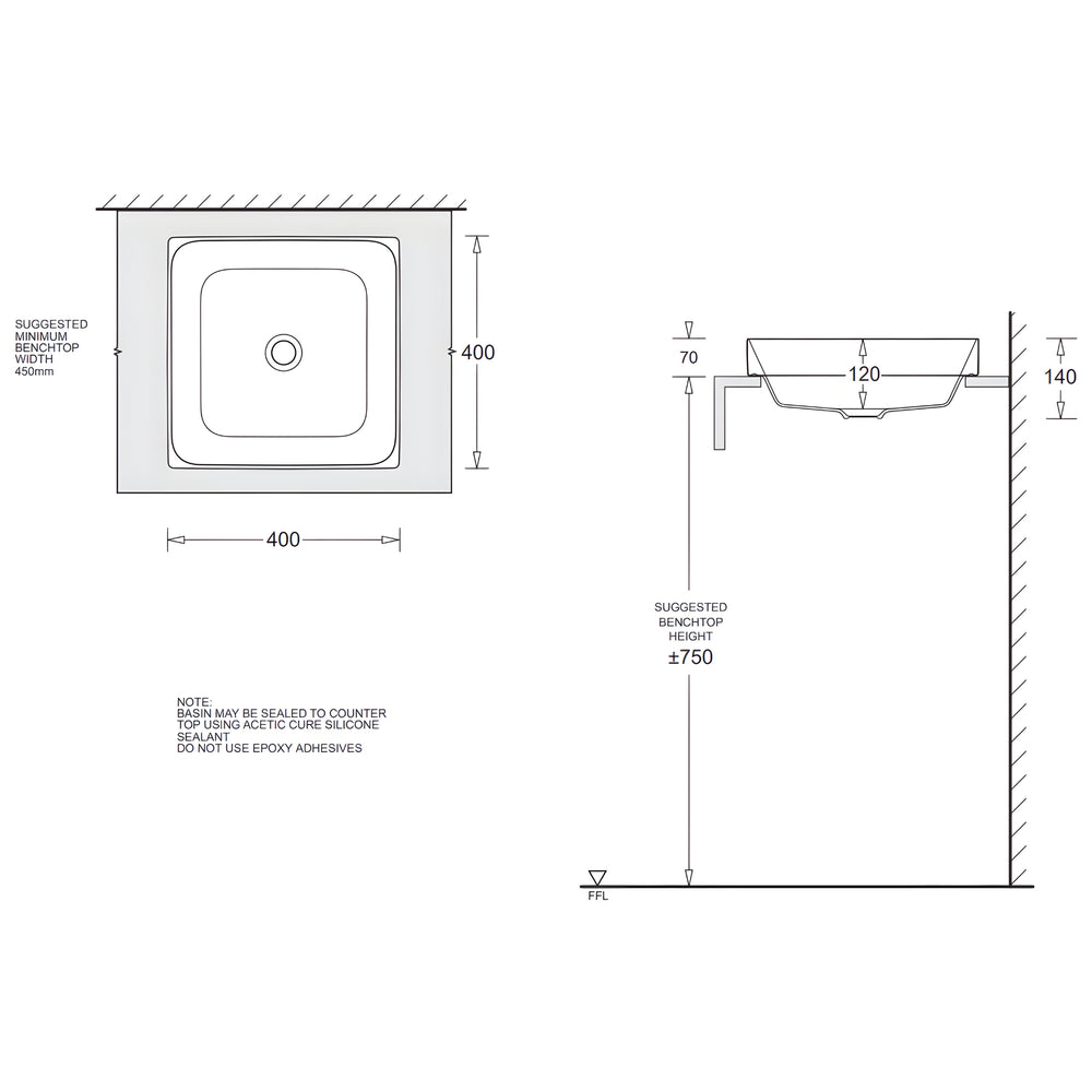 JOHNSON SUISSE GEMELLI SQUARE SEMI-INSET COUNTER TOP BASINS WHITE 400MM