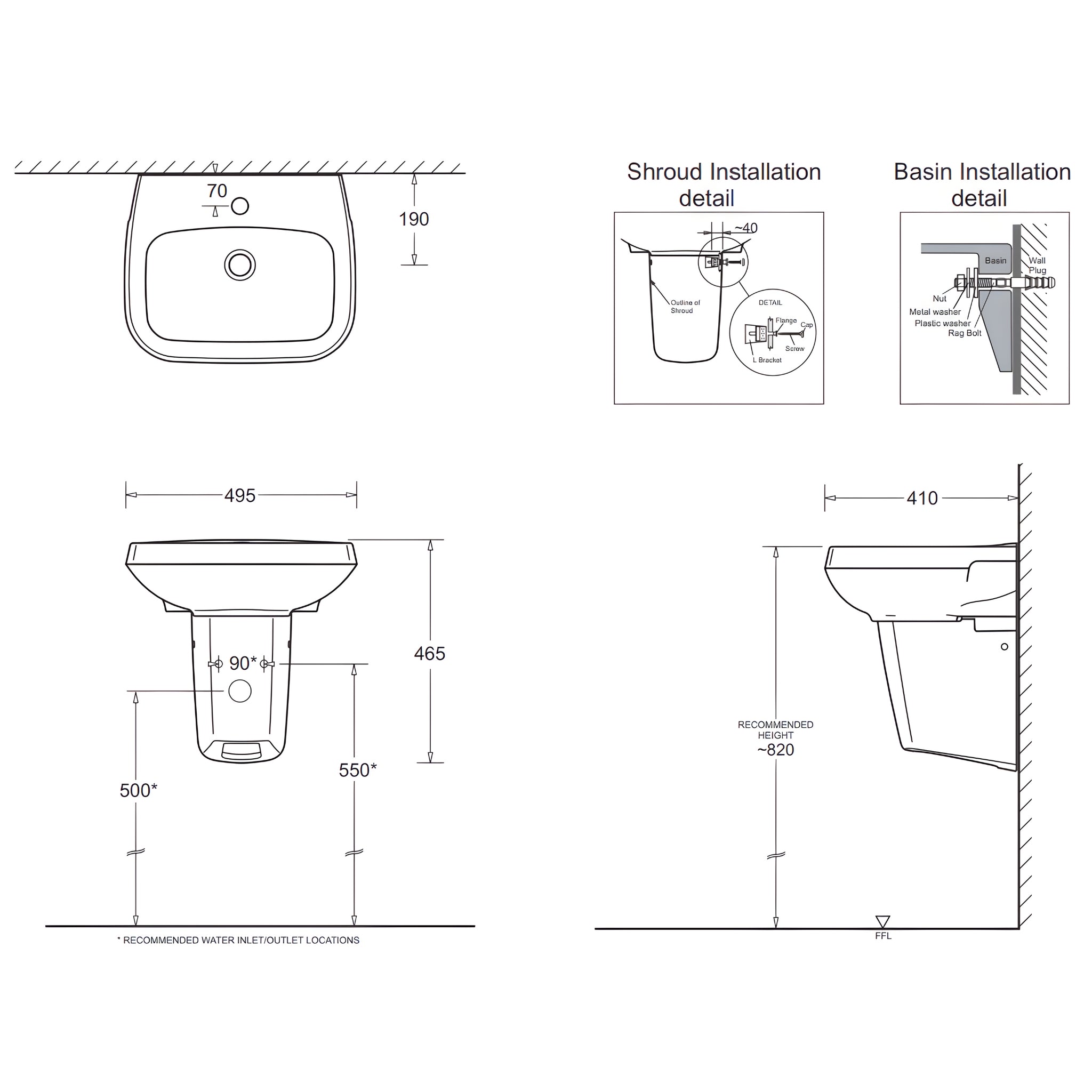 JOHNSON SUISSE LIFE II WALL HUNG BASIN WITH SHROUD WHITE 495MM