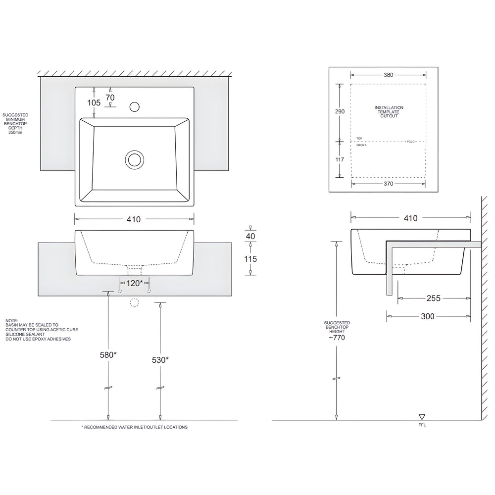 JOHNSON SUISSE QUADO III COMPACT SEMI-RECESSED BASINS WHITE 410MM