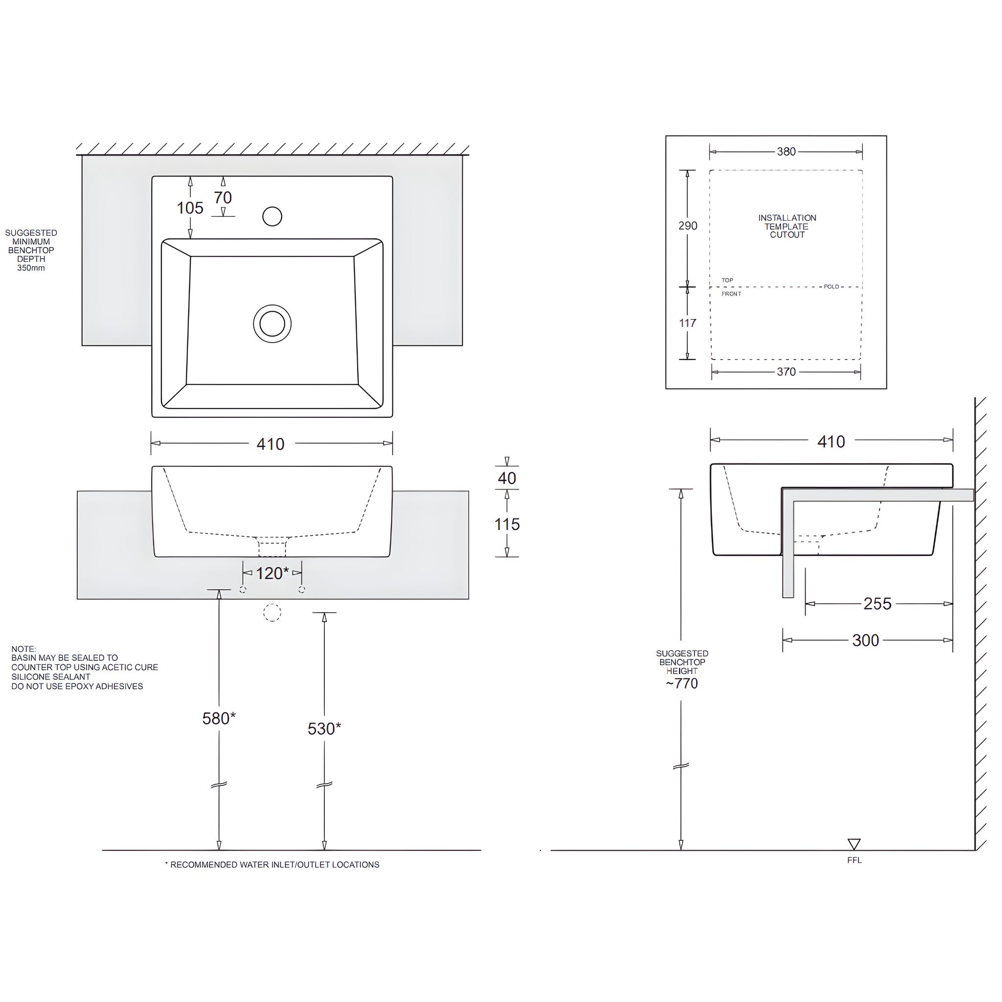 JOHNSON SUISSE QUADO III COMPACT SEMI-RECESSED BASIN WHITE 410MM