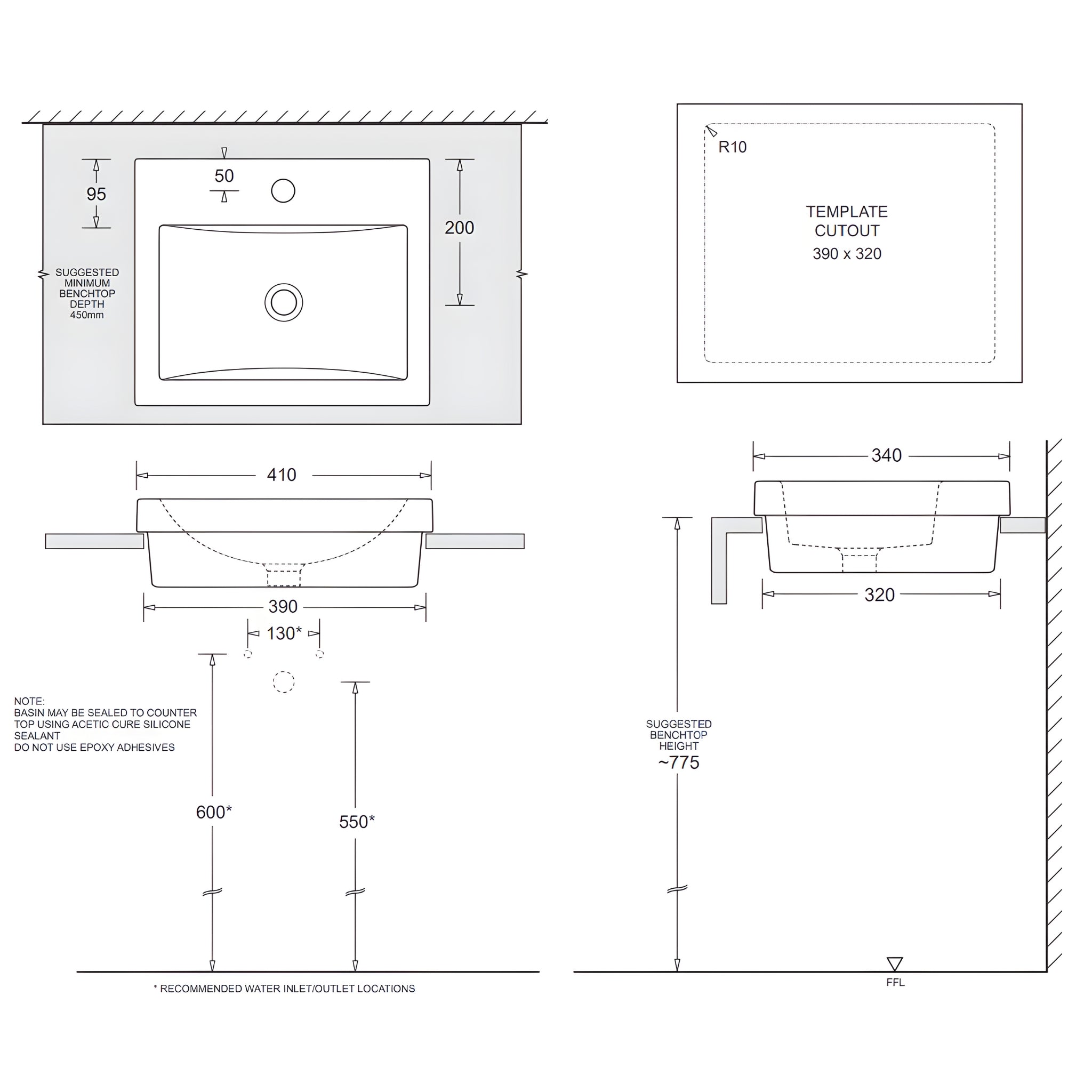 JOHNSON SUISSE QUADO RECTANGULAR SEMI-INSET BASIN WHITE 410MM