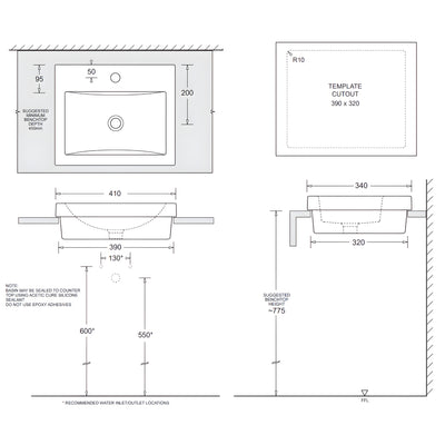 JOHNSON SUISSE QUADO RECTANGULAR SEMI-INSET BASINS WHITE 410MM