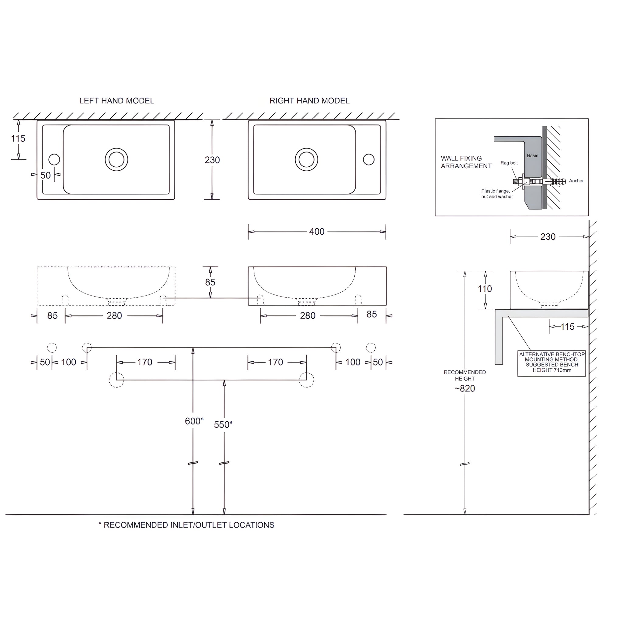 JOHNSON SUISSE QUADO COMPACT ABOVE COUNTER / WALL HUNG BASINS LEFT TAPHOLE WHITE 400MM