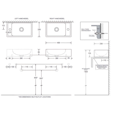 JOHNSON SUISSE QUADO COMPACT ABOVE COUNTER / WALL HUNG BASINS LEFT TAPHOLE WHITE 400MM