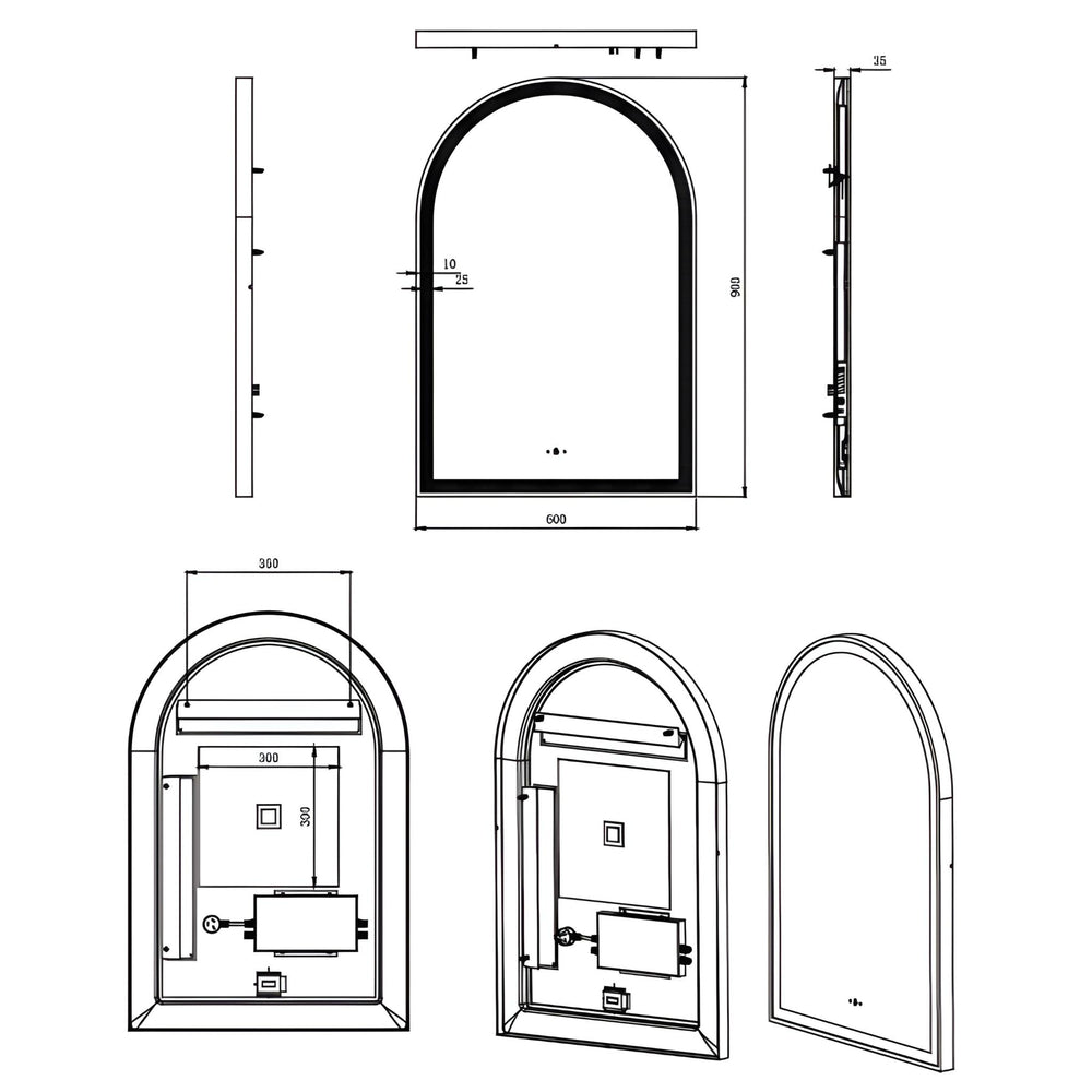 POSEIDON AURA ARCH IRON FRAMED FRONTLIT LED MIRROR MATTE BLACK 600X900MM