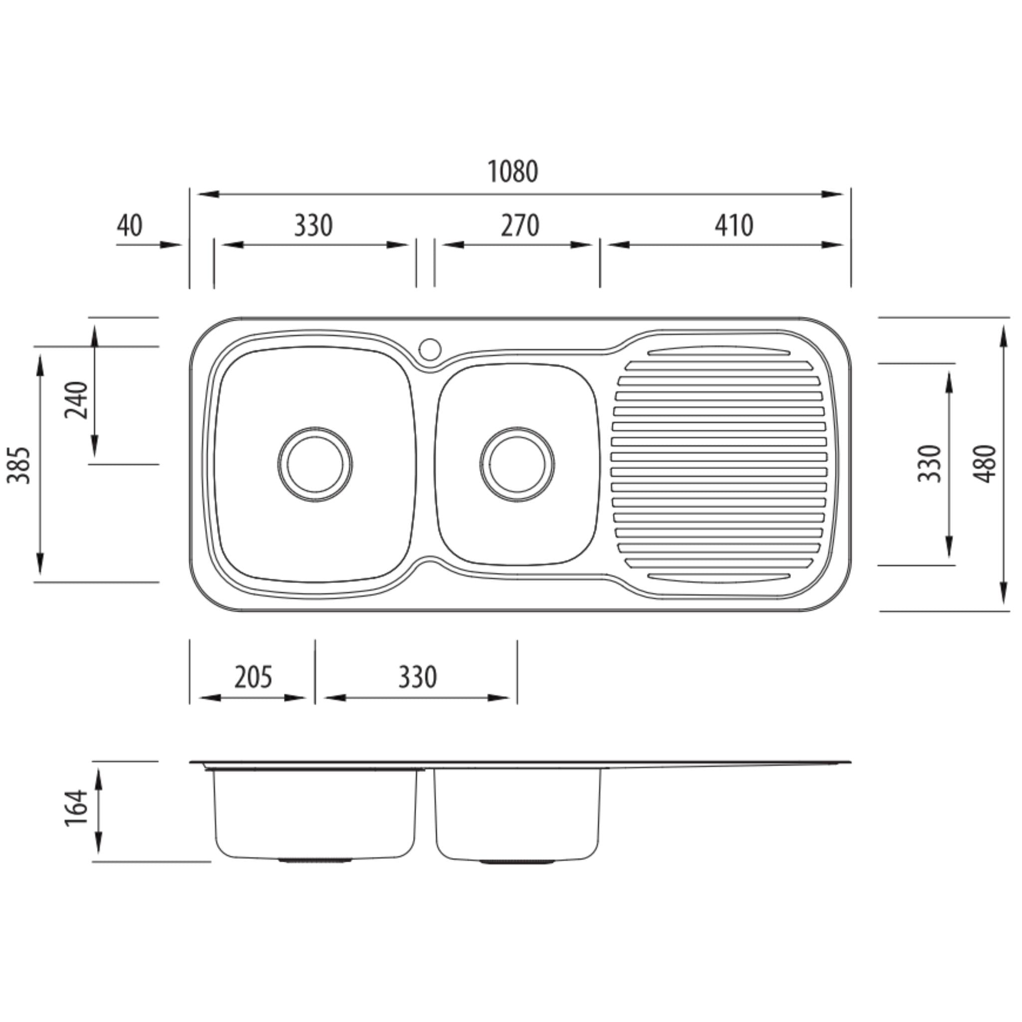 OLIVERI LAKELAND 1 & 3/4 BOWL TOPMOUNT ALFRESCO AND KITCHEN SINK WITH TAPHOLE & DRAINER STAINLESS STEEL 1080MM