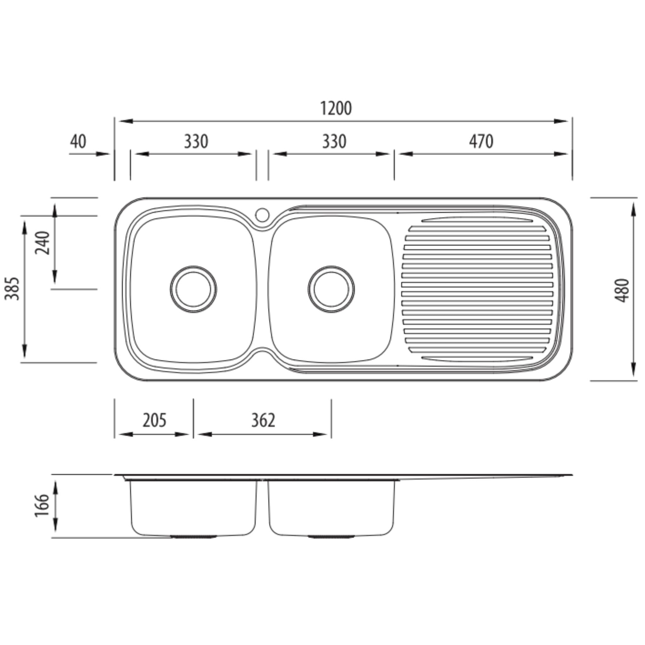 OLIVERI LAKELAND DOUBLE BOWL TOPMOUNT KITCHEN SINK WITH TAPHOLE & DRAINER STAINLESS STEEL 1200MM
