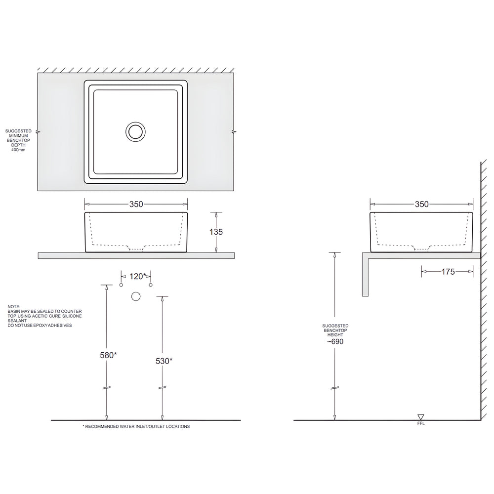 JOHNSON SUISSE ESTI SQUARE COUNTER TOP BASINS NO TAPHOLE WITH CHROME POP-UP WASTE WHITE 350MM