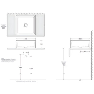 JOHNSON SUISSE ESTI SQUARE COUNTER TOP BASINS NO TAPHOLE WITH CHROME POP-UP WASTE WHITE 350MM