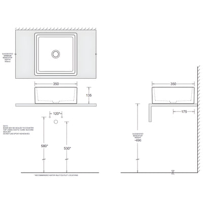 JOHNSON SUISSE ESTI SQUARE COUNTER TOP BASINS NO TAPHOLE WITH CHROME POP-UP WASTE WHITE 350MM