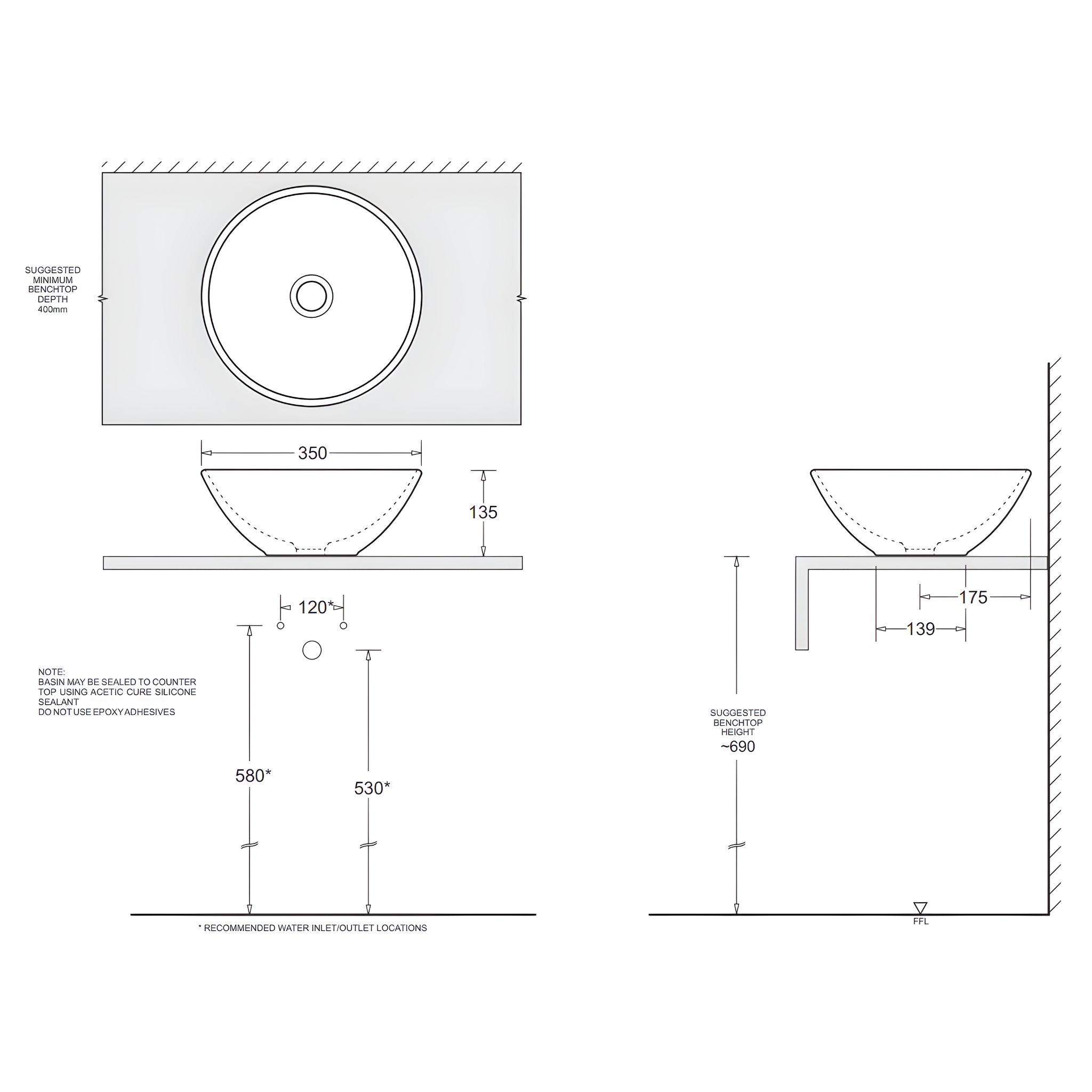 JOHNSON SUISSE ESTI ROUND COUNTERTOP BASIN NO TAPHOLE WITH CHROME POP-UP WASTE WHITE 350MM