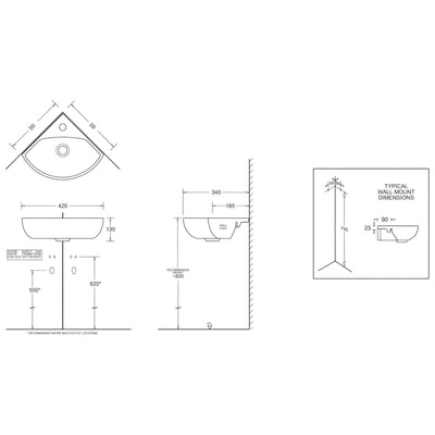 JOHNSON SUISSE MILANO CORNER WALL HUNG BASINS WHITE 300MM