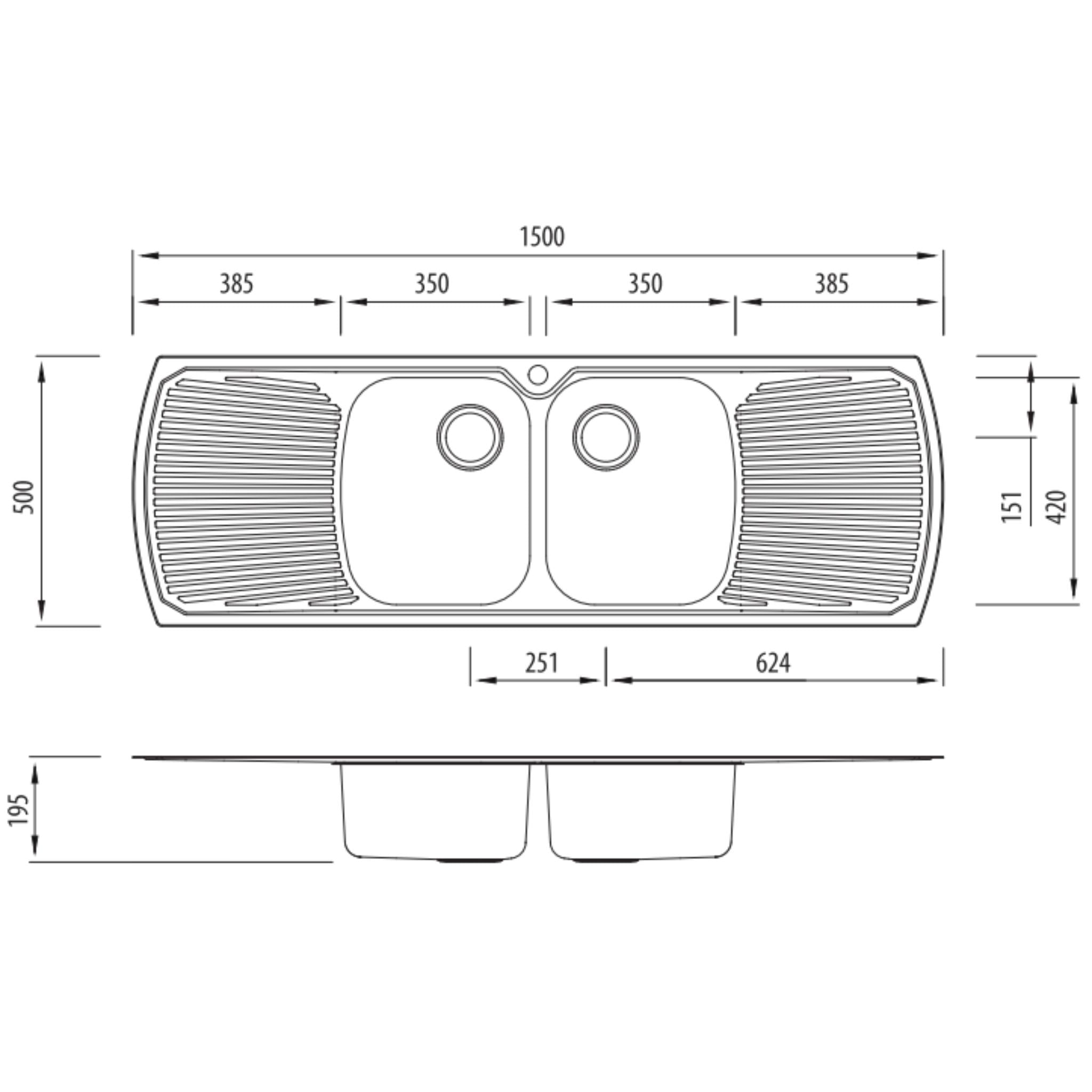 OLIVERI MONET DOUBLE BOWL TOPMOUNT KITCHEN SINK WITH TAPHOLE & DOUBLE DRAINER STAINLESS STEEL 1500MM