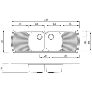 OLIVERI MONET DOUBLE BOWL TOPMOUNT KITCHEN SINK WITH TAPHOLE & DOUBLE DRAINER STAINLESS STEEL 1500MM