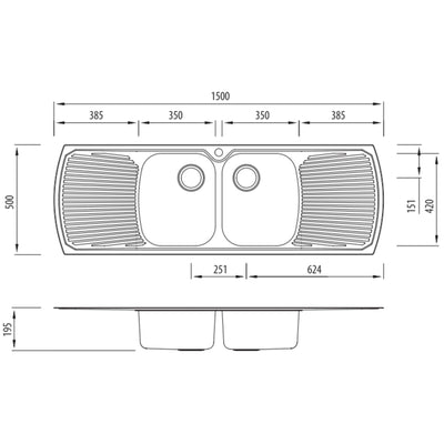 OLIVERI MONET DOUBLE BOWL TOPMOUNT KITCHEN SINK WITH TAPHOLE & DOUBLE DRAINER STAINLESS STEEL 1500MM