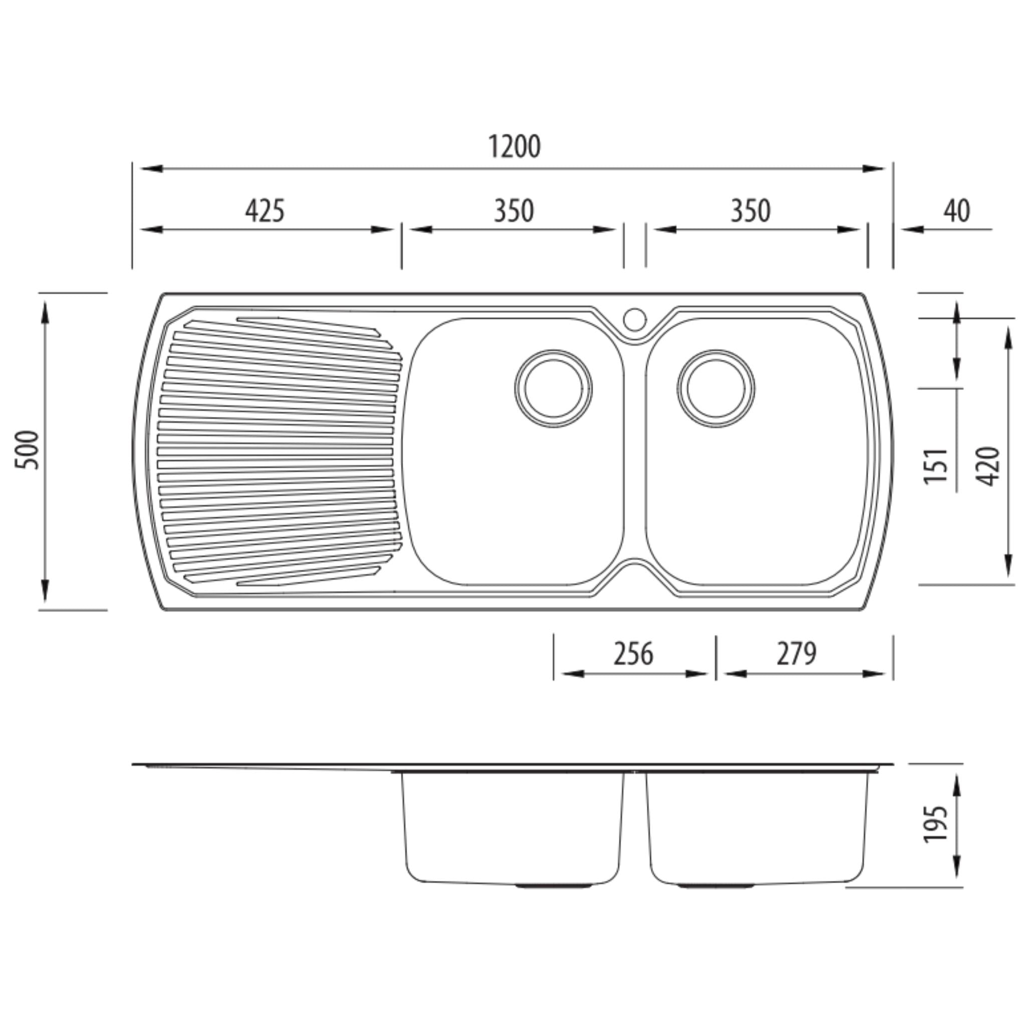 OLIVERI MONET DOUBLE BOWL TOPMOUNT KITCHEN SINK WITH TAPHOLE & DRAINER STAINLESS STEEL 1200MM