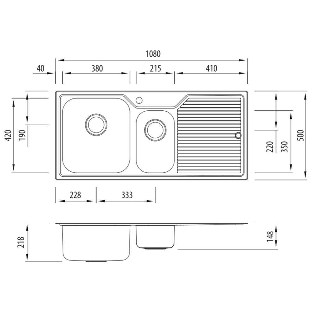OLIVERI NU-PETITE 1 & 1/2 BOWL TOPMOUNT ALFRESCO AND KITCHEN SINK WITH DRAINER STAINLESS STEEL 1080MM