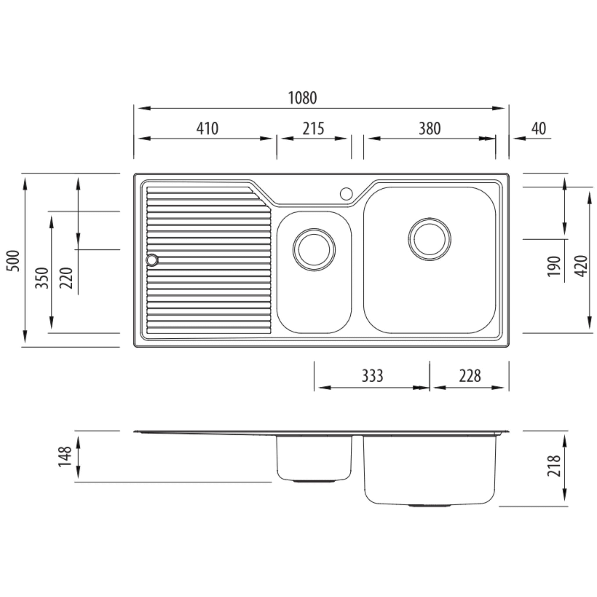 OLIVERI NU-PETITE 1 & 1/2 BOWL TOPMOUNT ALFRESCO AND KITCHEN SINK WITH DRAINER STAINLESS STEEL 1080MM