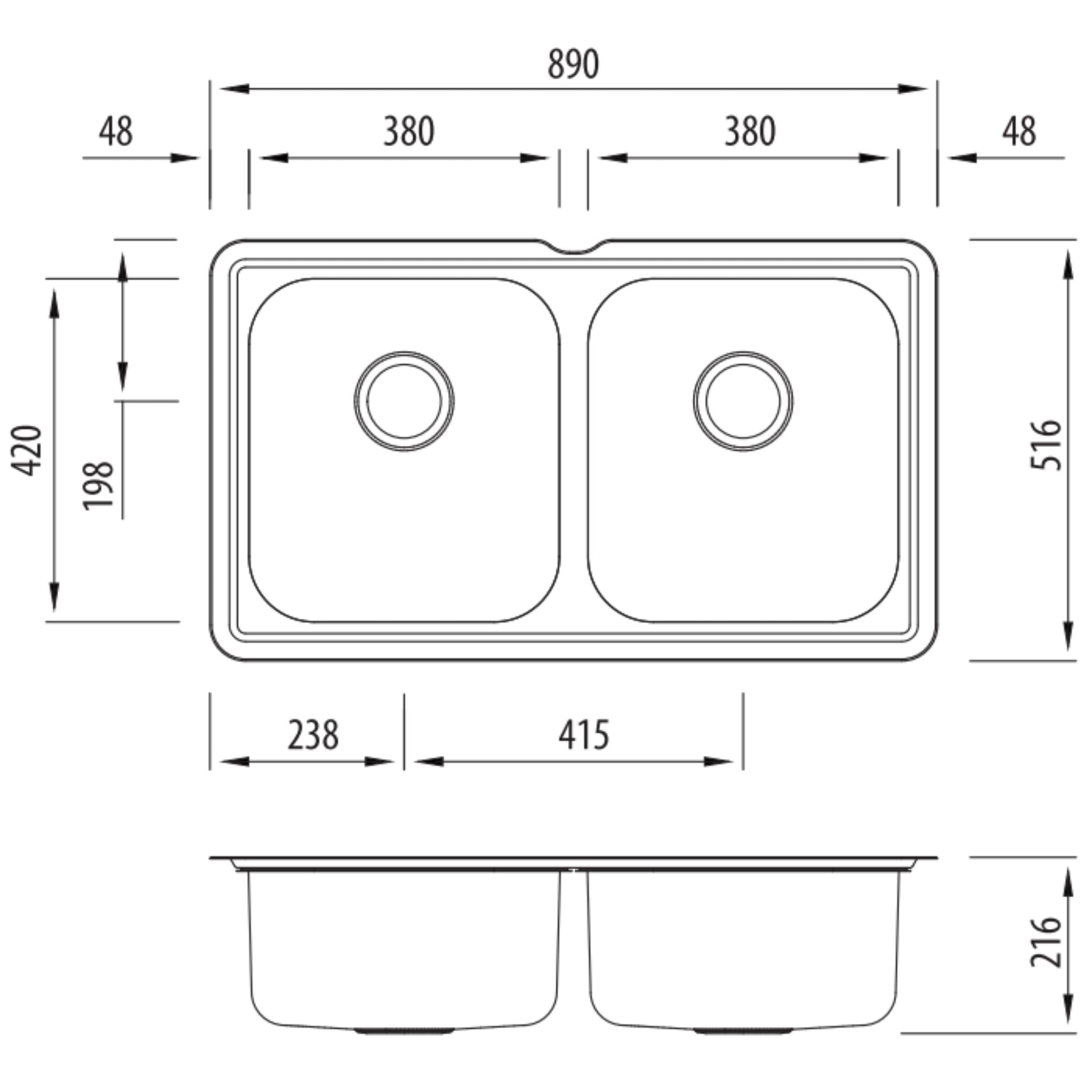 OLIVERI NU-PETITE DOUBLE BOWL UNDERMOUNT ALFRESCO AND KITCHEN SINK STAINLESS STEEL 890MM
