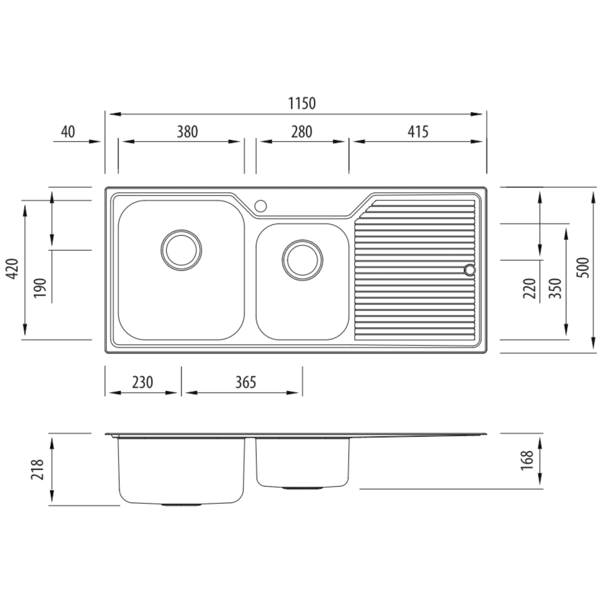 OLIVERI NU-PETITE 1 & 3/4 BOWL TOPMOUNT KITCHEN SINK WITH TAPHOLE & DRAINER STAINLESS STEEL 1150MM