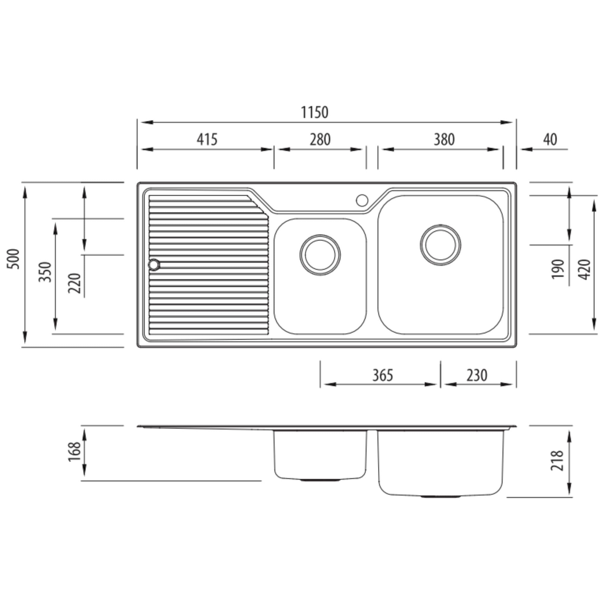 OLIVERI NU-PETITE 1 & 3/4 BOWL TOPMOUNT KITCHEN SINK WITH TAPHOLE & DRAINER STAINLESS STEEL 1150MM