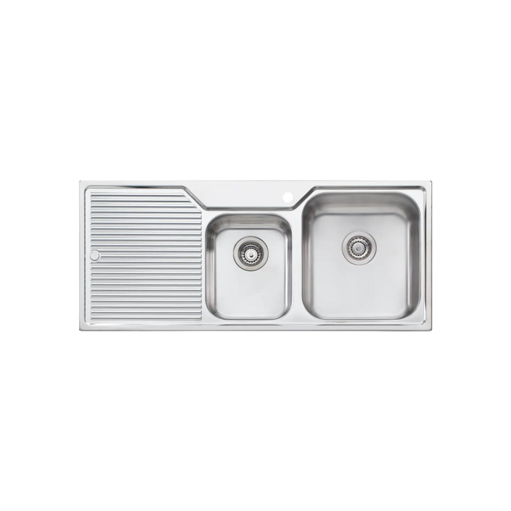 OLIVERI NU-PETITE 1 & 3/4 BOWL TOPMOUNT KITCHEN SINK WITH TAPHOLE & DRAINER STAINLESS STEEL 1150MM