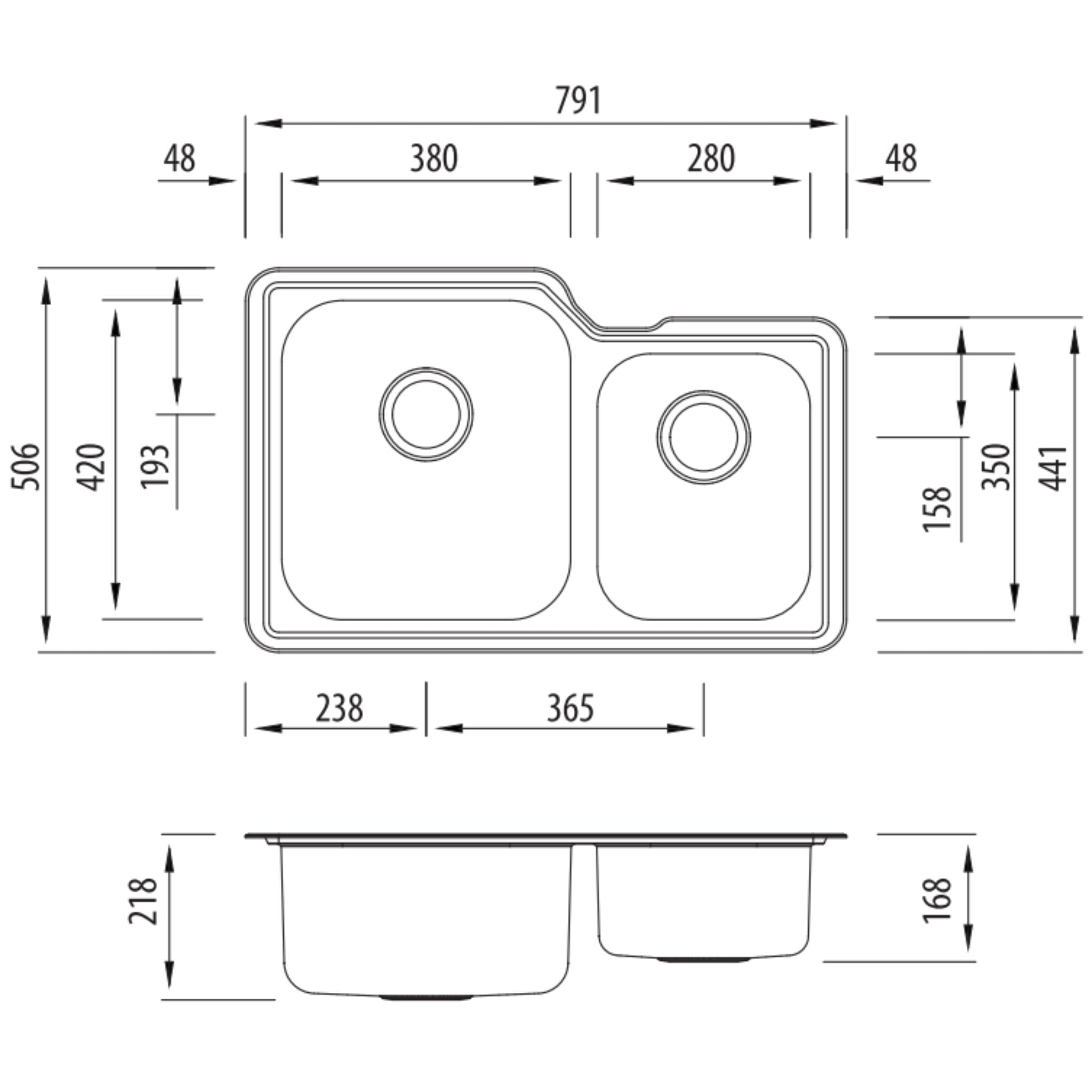 OLIVERI NU-PETITE 1 & 3/4 BOWL UNDERMOUNT ALFRESCO AND KITCHEN SINK STAINLESS STEEL 791MM
