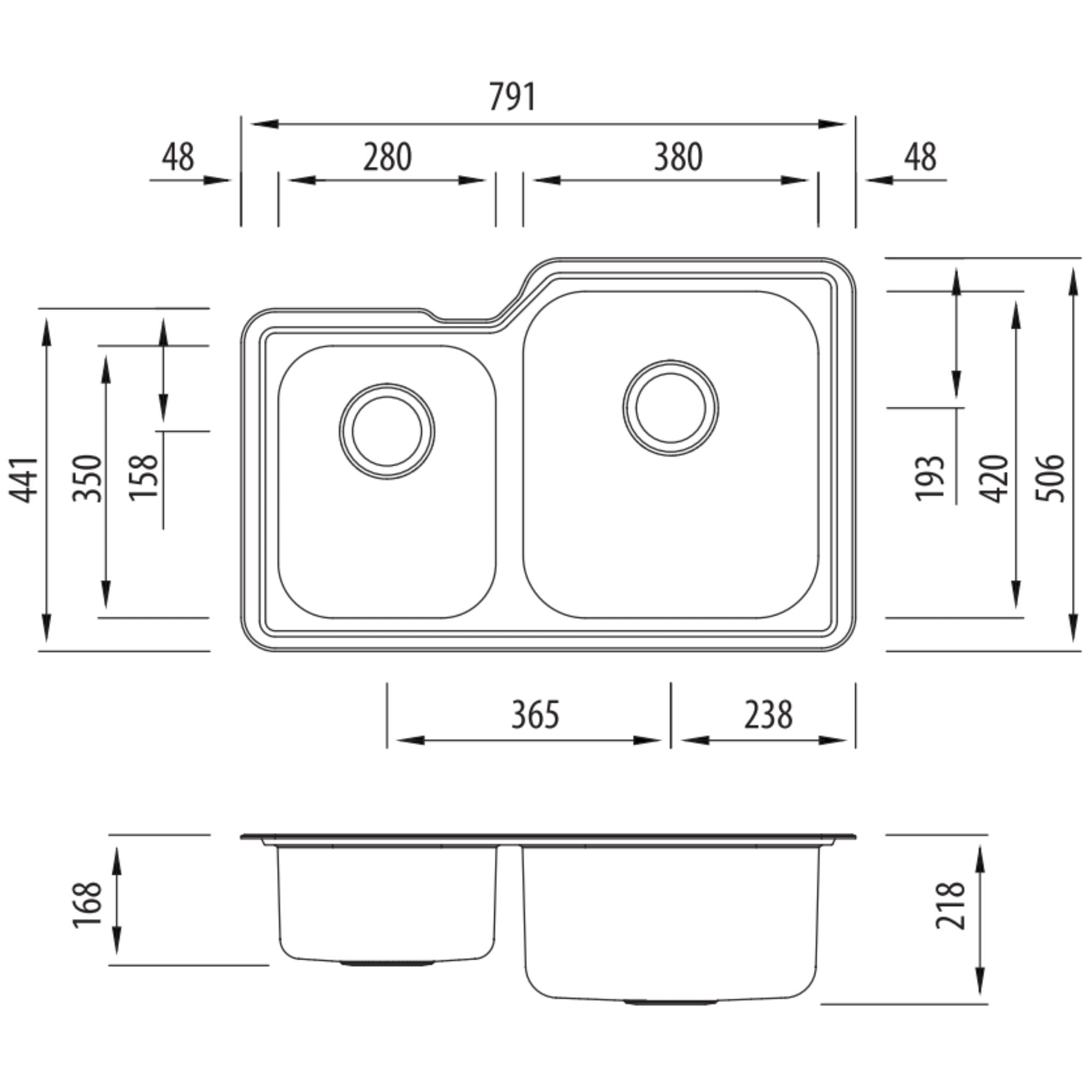 OLIVERI NU-PETITE 1 & 3/4 BOWL UNDERMOUNT ALFRESCO AND KITCHEN SINK STAINLESS STEEL 791MM