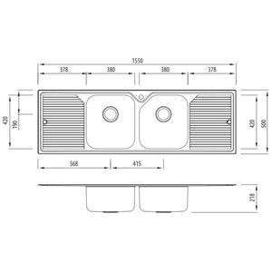 OLIVERI NU-PETITE DOUBLE BOWL TOPMOUNT KITCHEN SINK WITH TAPHOLE & DOUBLE DRAINER STAINLESS STEEL 1550MM