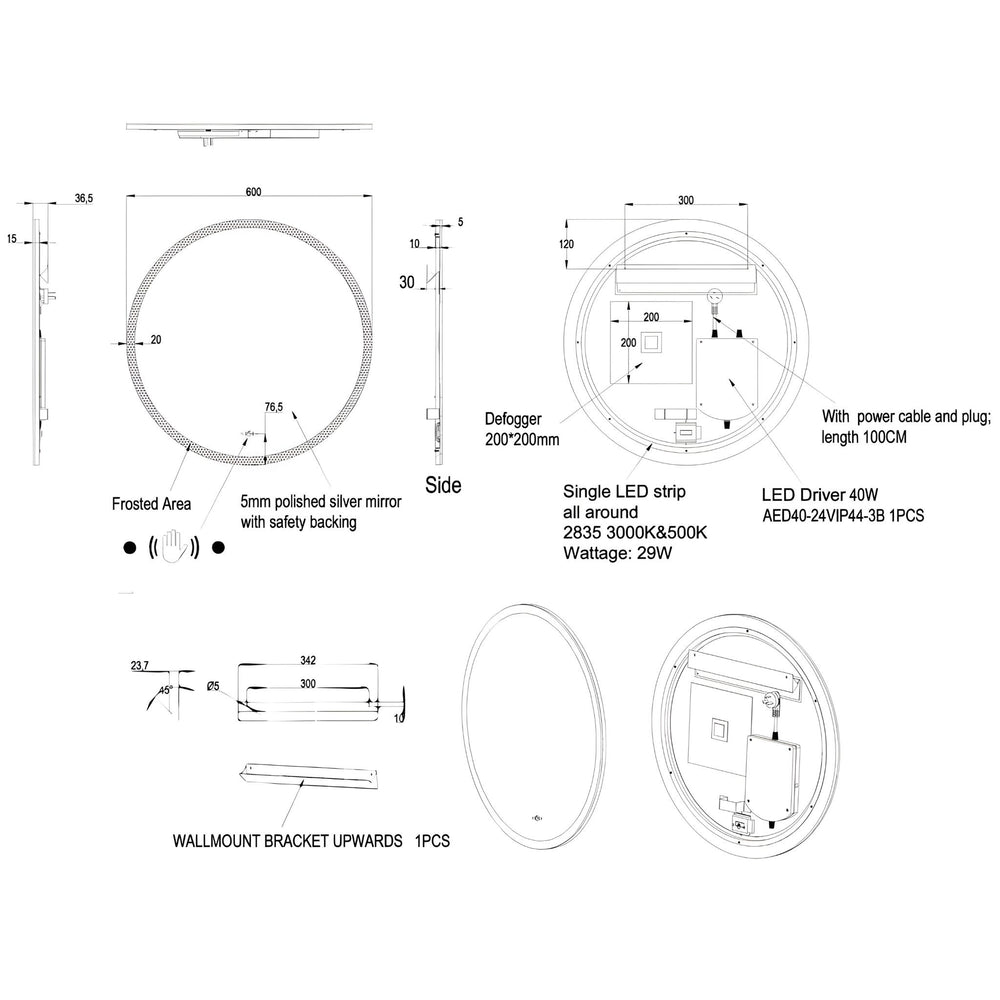 POSEIDON LUNA ROUND FRAMELESS BACKLIT LED MIRROR 3 COLOUR LIGHTS 600X600MM
