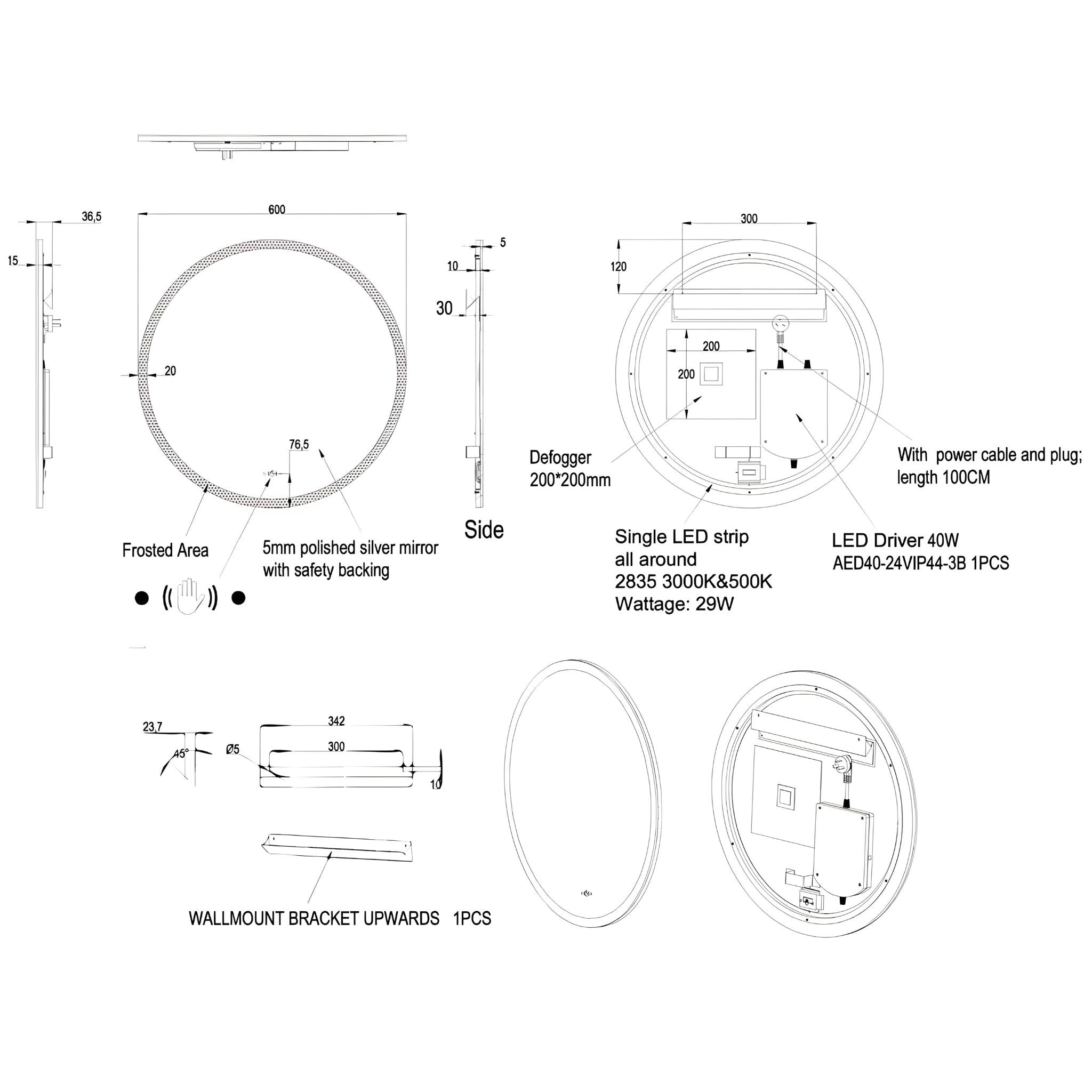 POSEIDON LUNA ROUND BACKLIT LED MIRROR 3 COLOUR LIGHTS 600X600MM