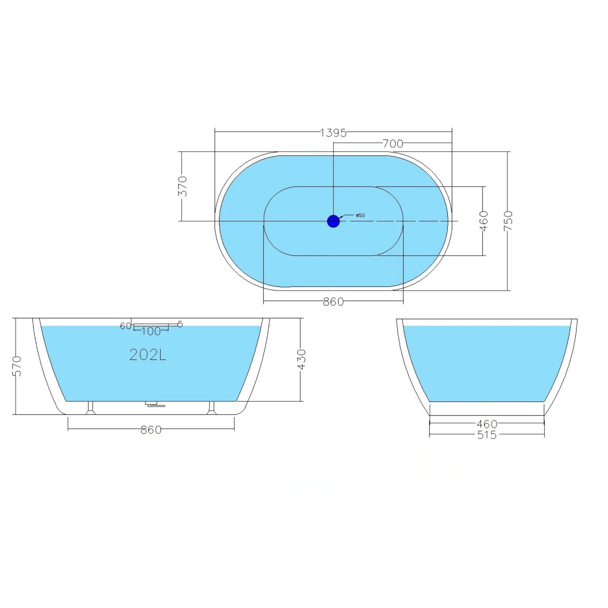 POSEIDON OLIVIA FREE STANDING BATHTUB MATTE WHITE (AVAILABLE IN 1400MM, 1530MM AND 1700MM)