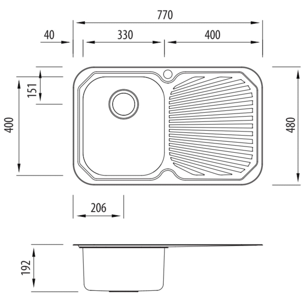 OLIVERI PETITE SINGLE BOWL TOPMOUNT ALFRESCO AND KITCHEN SINK WITH DRAINER STAINLESS STEEL 770MM