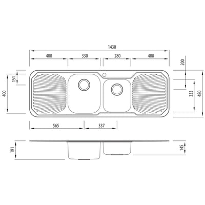 OLIVERI PETITE 1 & 3/4 BOWL TOPMOUNT KITCHEN SINK WITH DOUBLE DRAINER STAINLESS STEEL 1430MM
