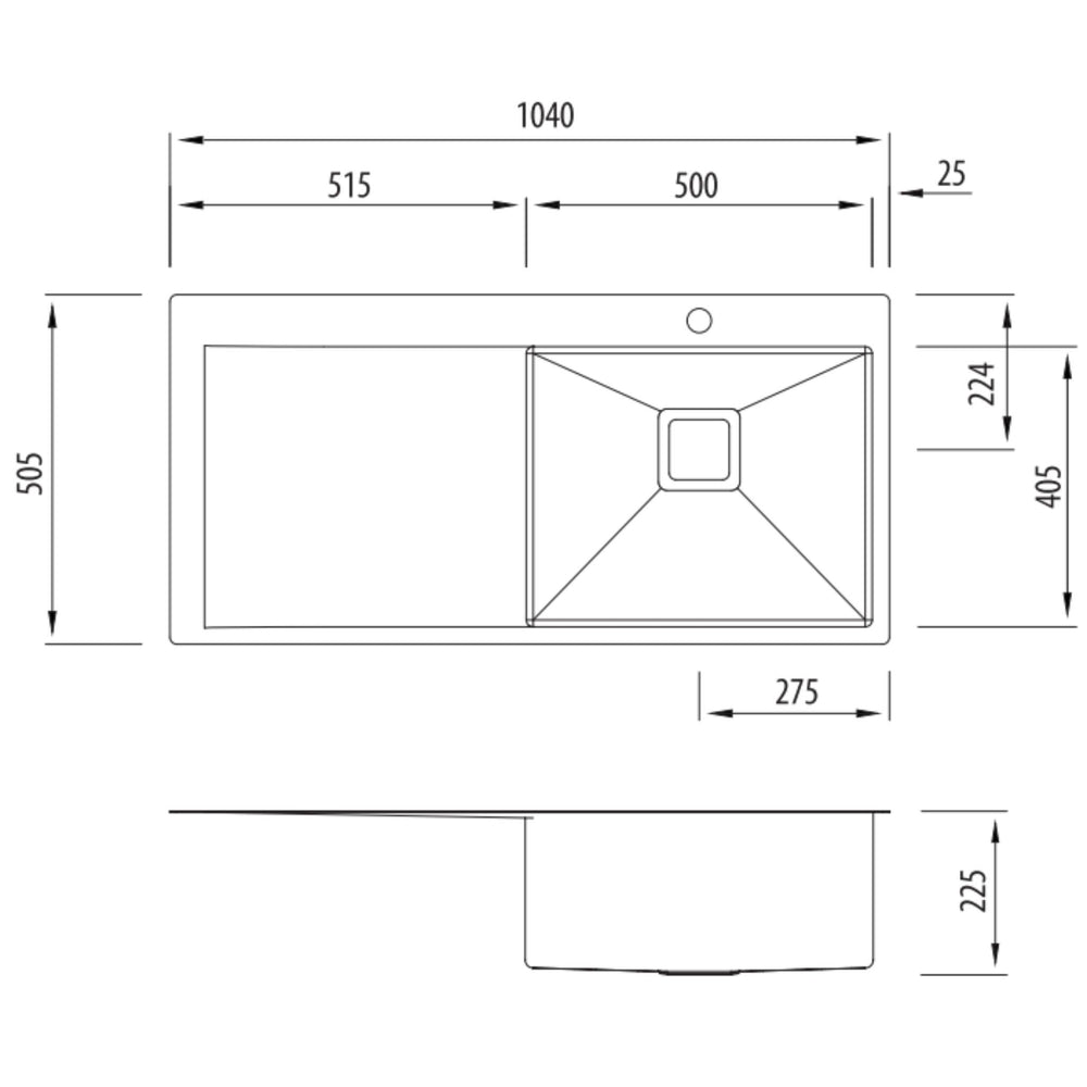 OLIVERI PROFESSIONAL SINGLE BOWL TOPMOUNT KITCHEN SINK WITH DRAINER STAINLESS STEEL 1040MM