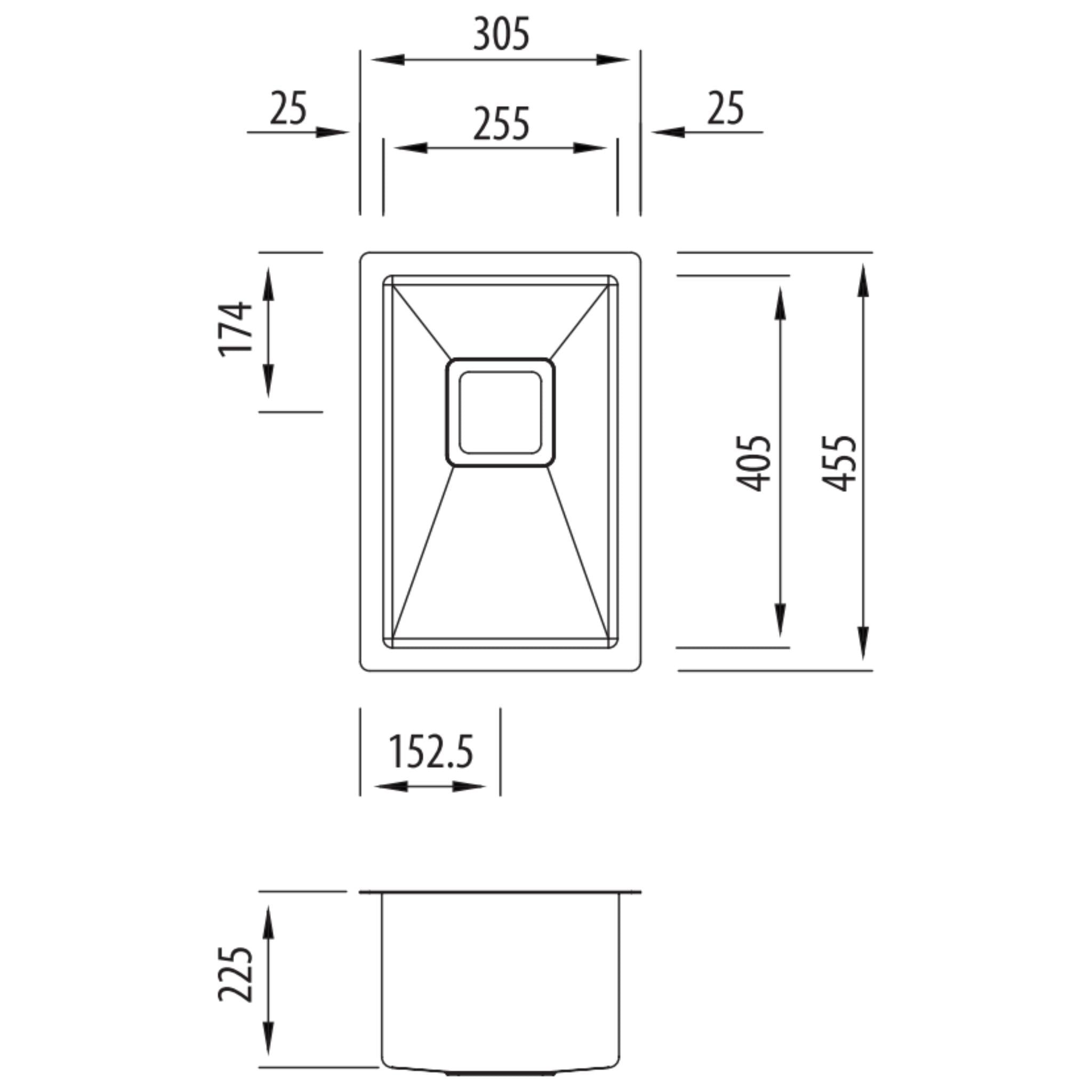 OLIVERI PROFESSIONAL 1/2 SINGLE BOWL UNDERMOUNT KITCHEN SINK STAINLESS STEEL 305MM