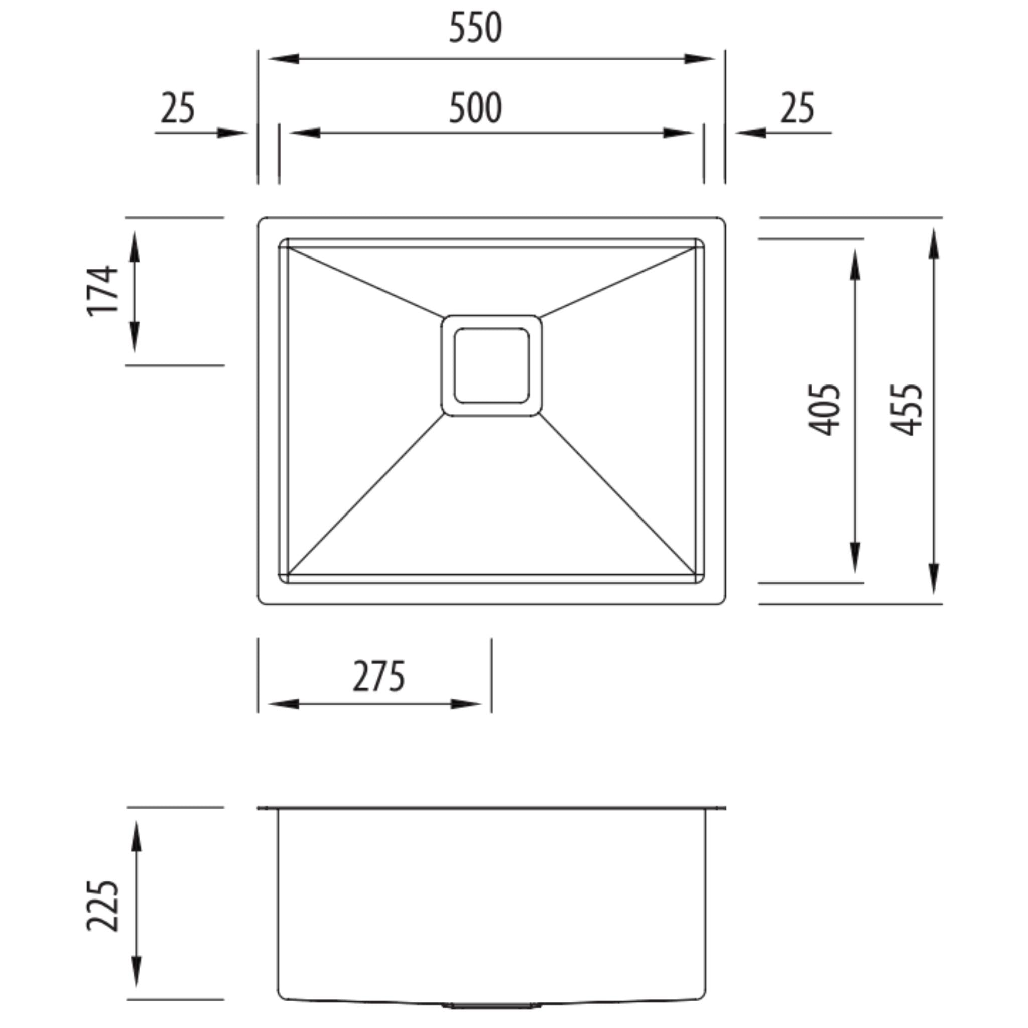 OLIVERI PROFESSIONAL SINGLE BOWL UNDERMOUNT KITCHEN AND LAUNDRY SINK STAINLESS STEEL 550MM