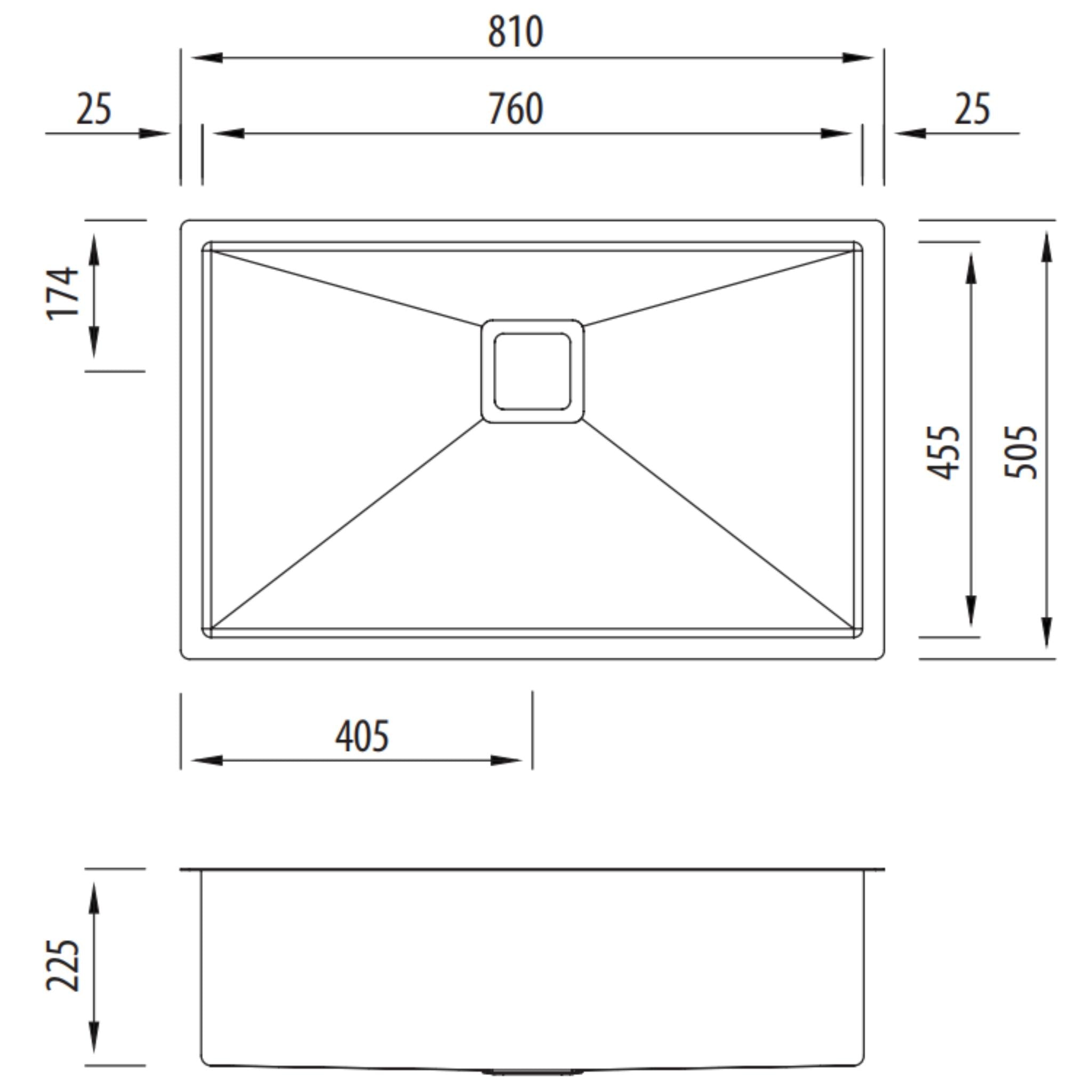 OLIVERI PROFESSIONAL SINGLE BOWL UNDERMOUNT KITCHEN AND LAUNDRY SINK STAINLESS STEEL 810MM