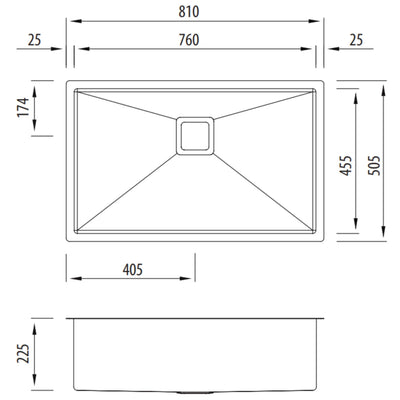 OLIVERI PROFESSIONAL SINGLE BOWL UNDERMOUNT KITCHEN AND LAUNDRY SINK STAINLESS STEEL 810MM