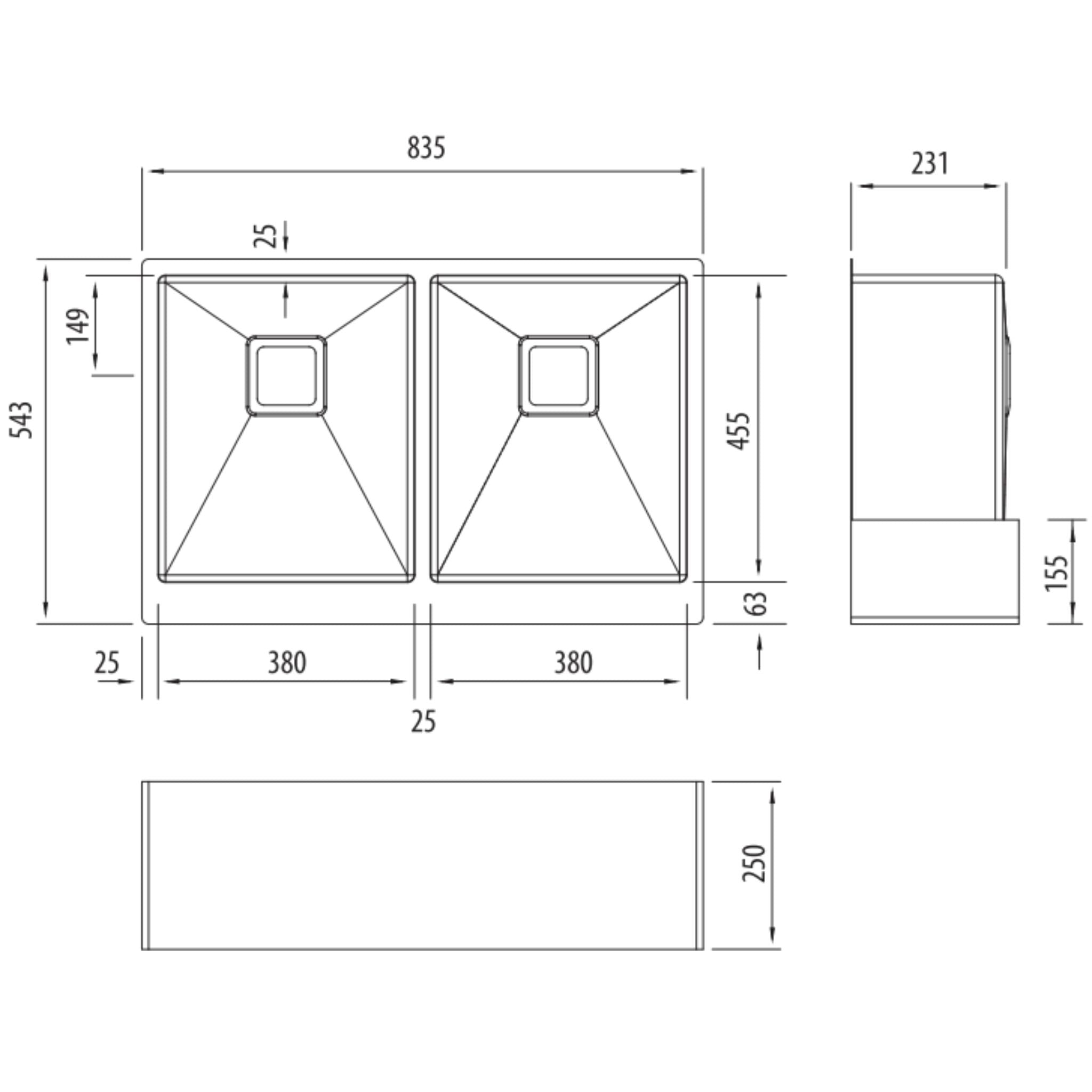 OLIVERI PROFESSIONAL DOUBLE BOWL UNDERMOUNT BUTLER SINK WITH APRON STAINLESS STEEL 835MM