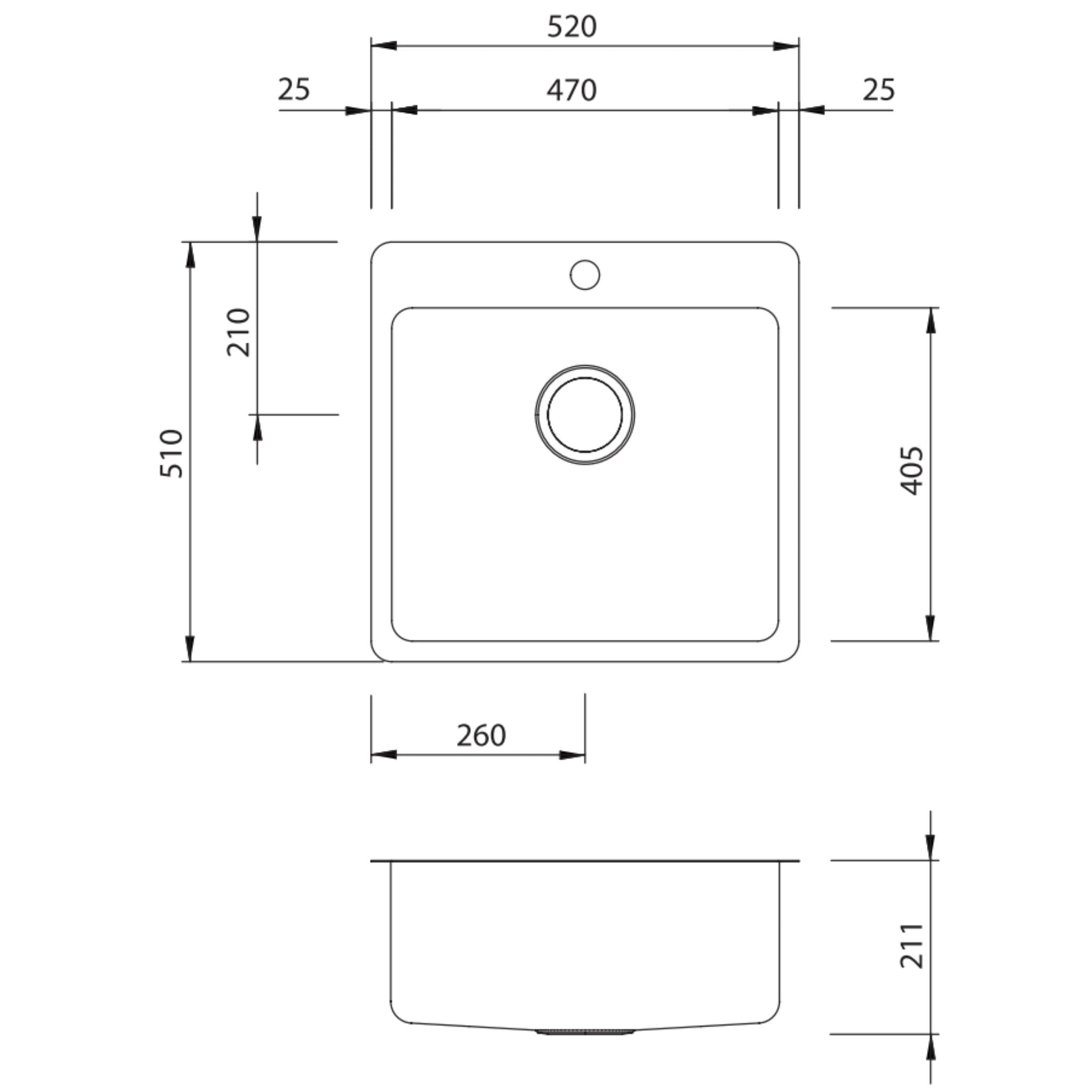 OLIVERI SONETTO SINGLE BOWL TOPMOUNT KITCHEN AND LAUNDRY SINK STAINLESS STEEL 520MM