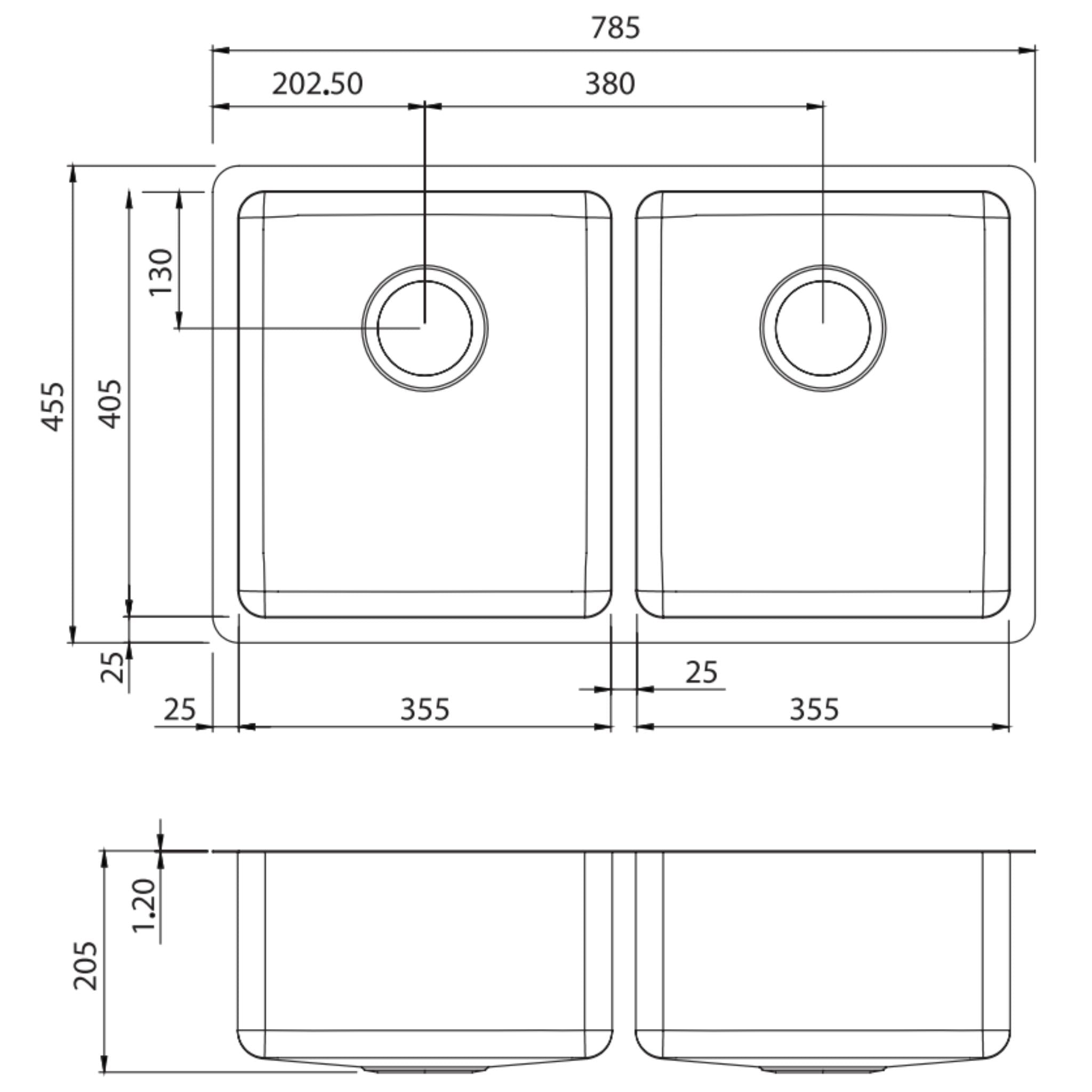 OLIVERI SONETTO DOUBLE BOWL UNDERMOUNT KITCHEN SINK STAINLESS STEEL 785MM