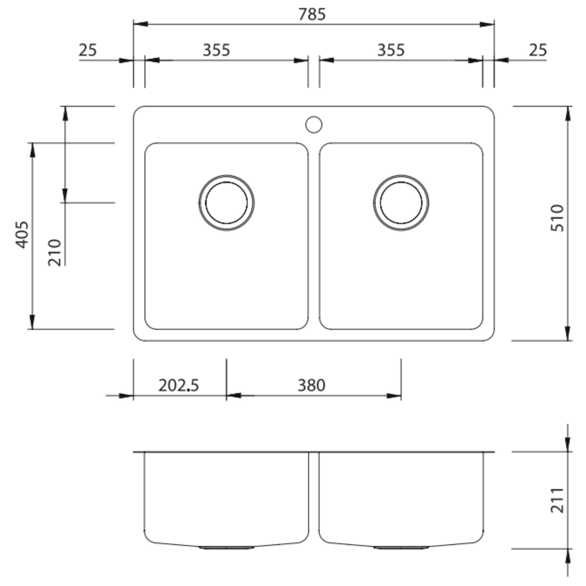 OLIVERI SONETTO DOUBLE BOWL TOPMOUNT ALFRESCO AND KITCHEN SINK WITH TAPHOLE STAINLESS STEEL 785MM