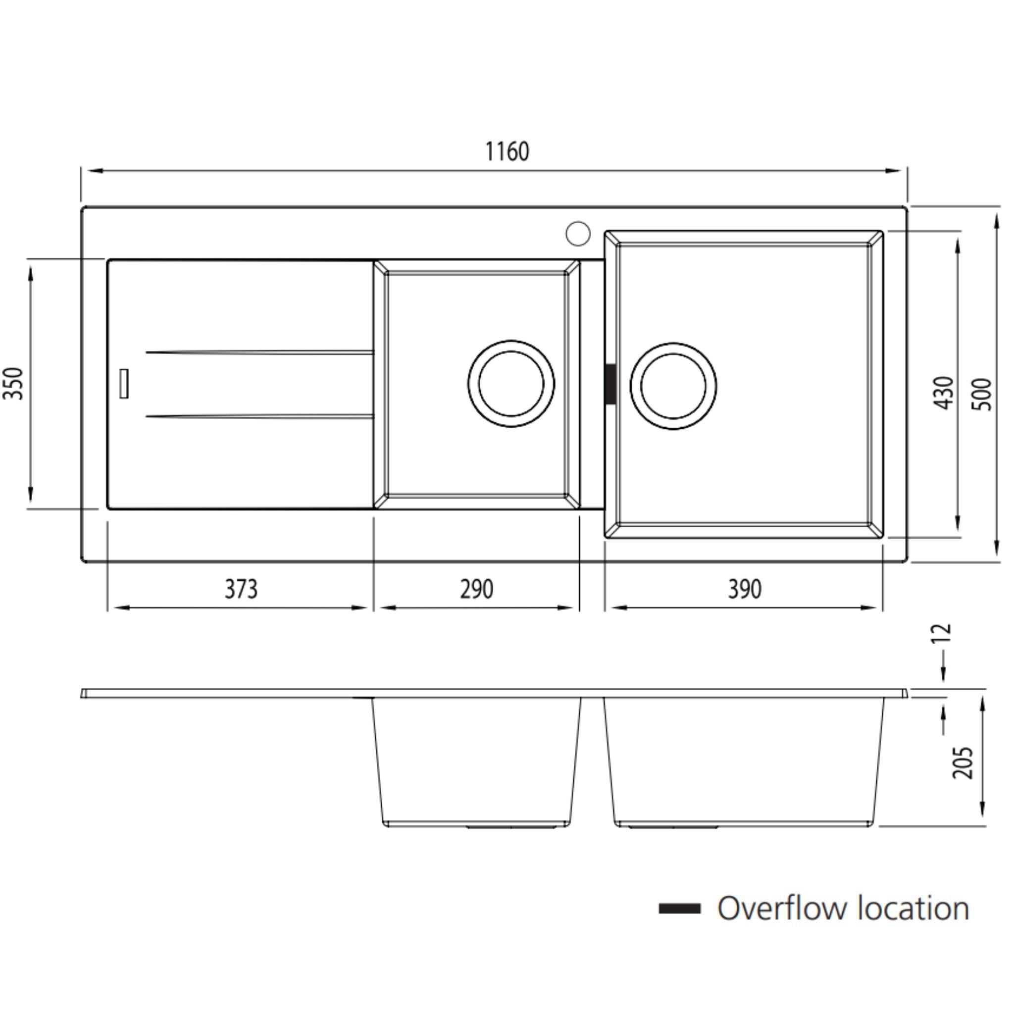 OLIVERI SANTORINI 1 & 3/4 BOWL TOPMOUNT ALFRESCO AND KITCHEN SINK WITH OVERFLOW & LEFT DRAINER MATTE BLACK 1160MM