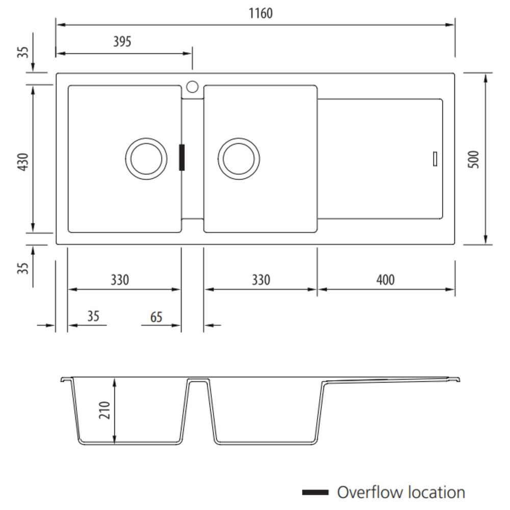 OLIVERI SANTORINI DOUBLE BOWL TOPMOUNT ALFRESCO AND KITCHEN SINK WITH OVERFLOW & RIGHT DRAINER MATTE BLACK 1160MM